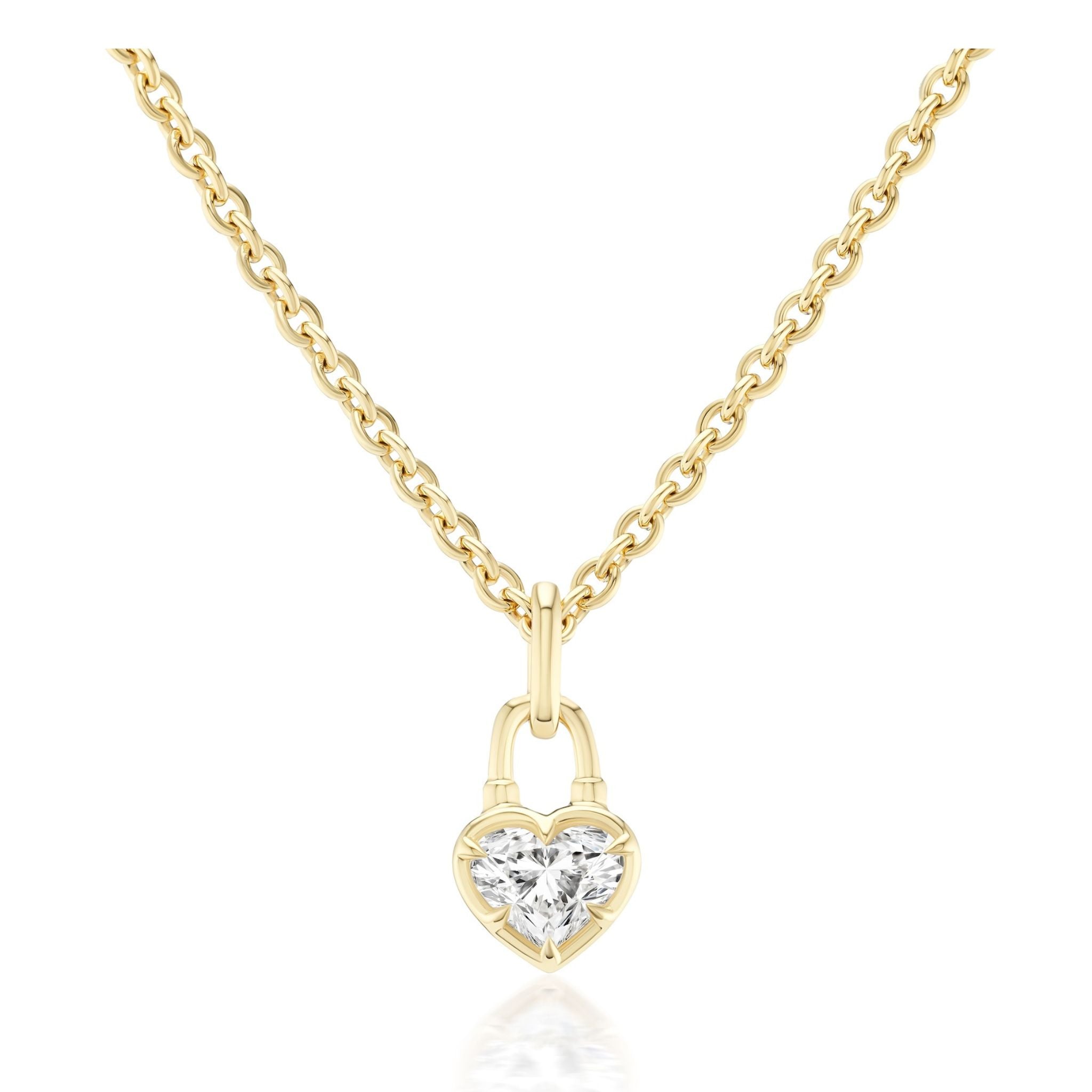 Collet Set Locket Motif Diamond Pendant Necklace crafted in yellow or white gold, featuring a heart-shaped padlock-inspired pendant with a sparkling clear diamond at its center and capturing a charming locket motif, set against a plain white background.