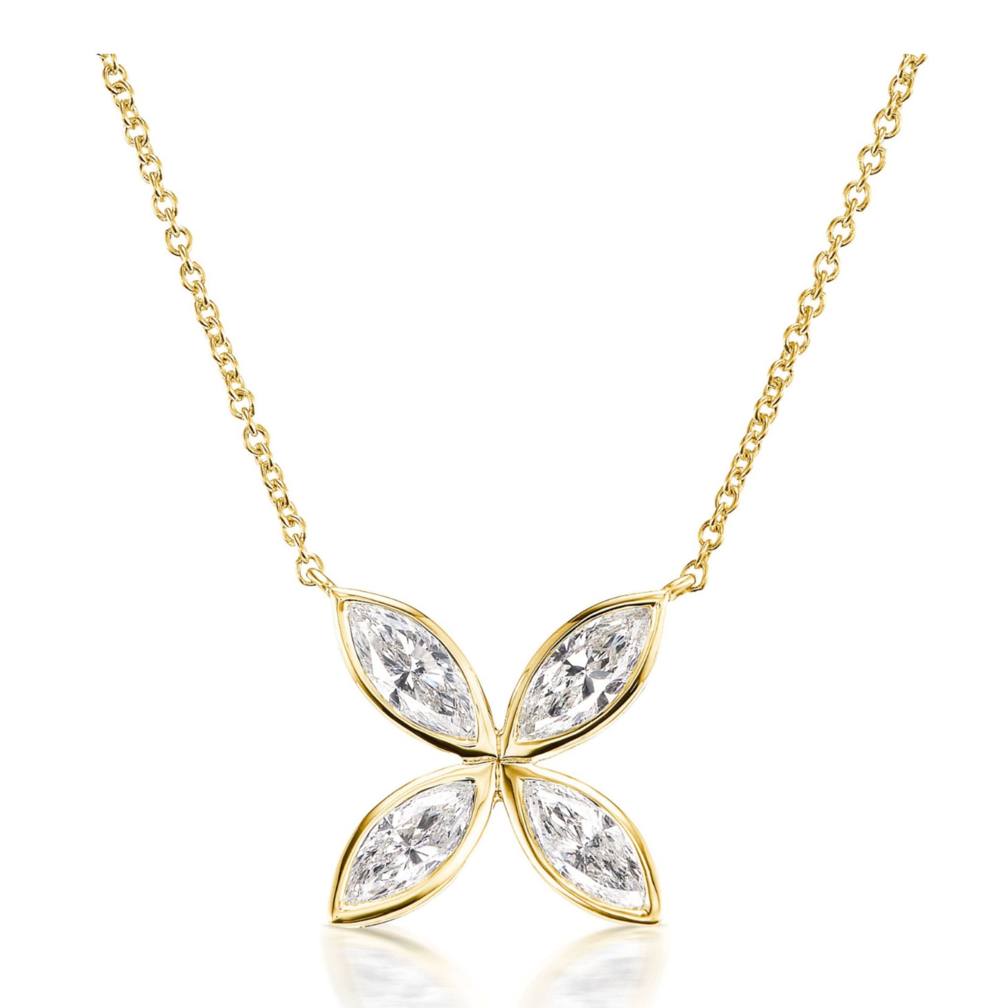 Bezel Set Marquise Diamond Floral Pendant featuring a four-petal flower design, with each petal crafted from a marquise-cut diamond set in luxurious 18k gold and elegantly displayed on an 18-inch chain.