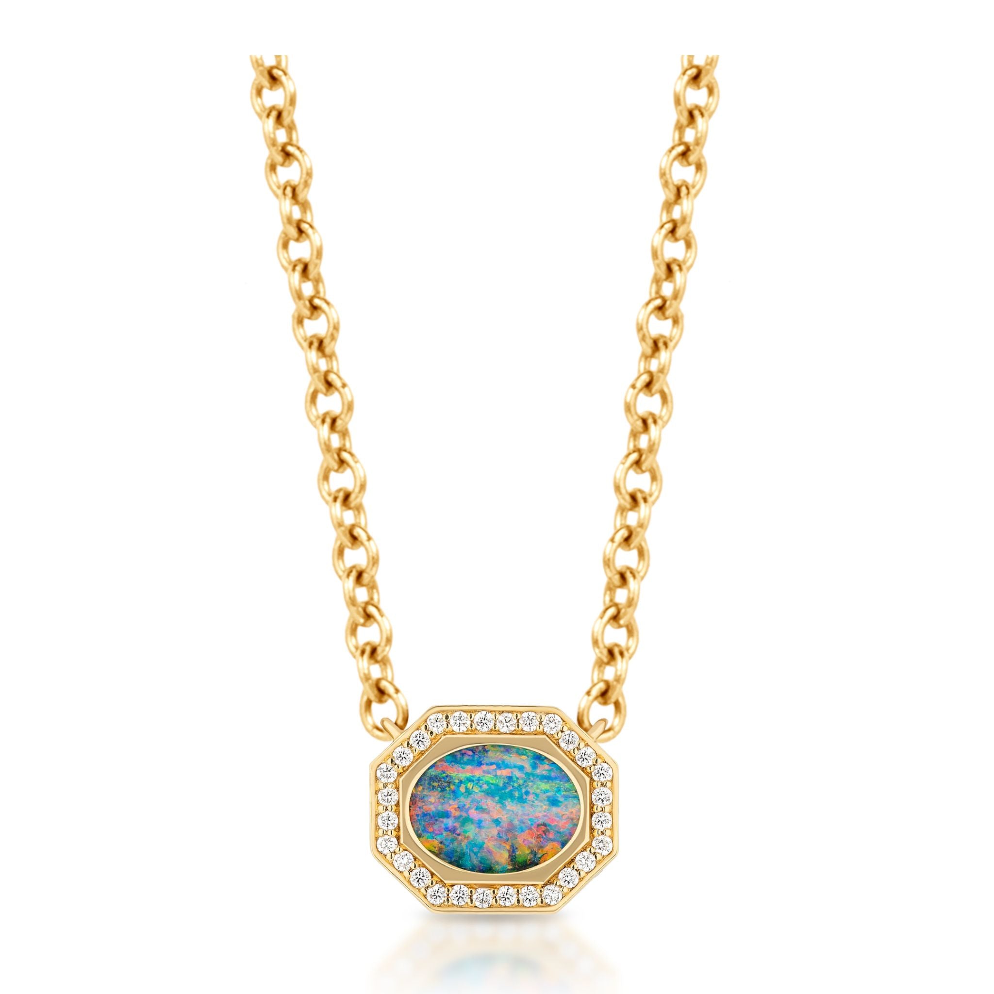 East-West Burnish Set Oval Opal Pendant with Pavé, featuring a vibrant oval Opal center in an octagonal yellow gold setting, surrounded by pavé-set clear gemstones and suspended from a yellow gold chain.