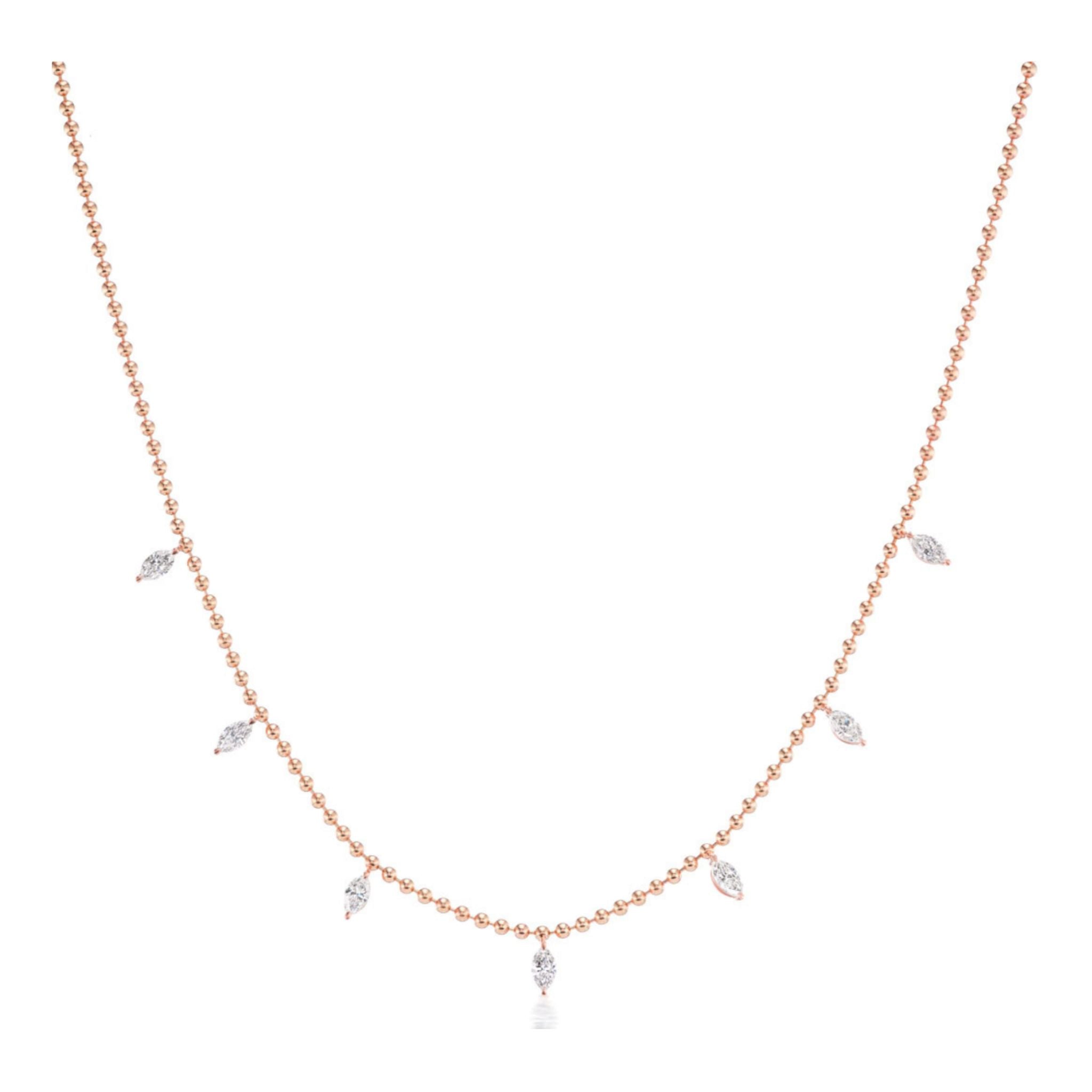 Spike Ball Chain Necklace with Marquise Diamonds in 18k rose gold, featuring small round bead details and seven evenly spaced marquise-shaped diamond charms along the chain, shown on a white background.
