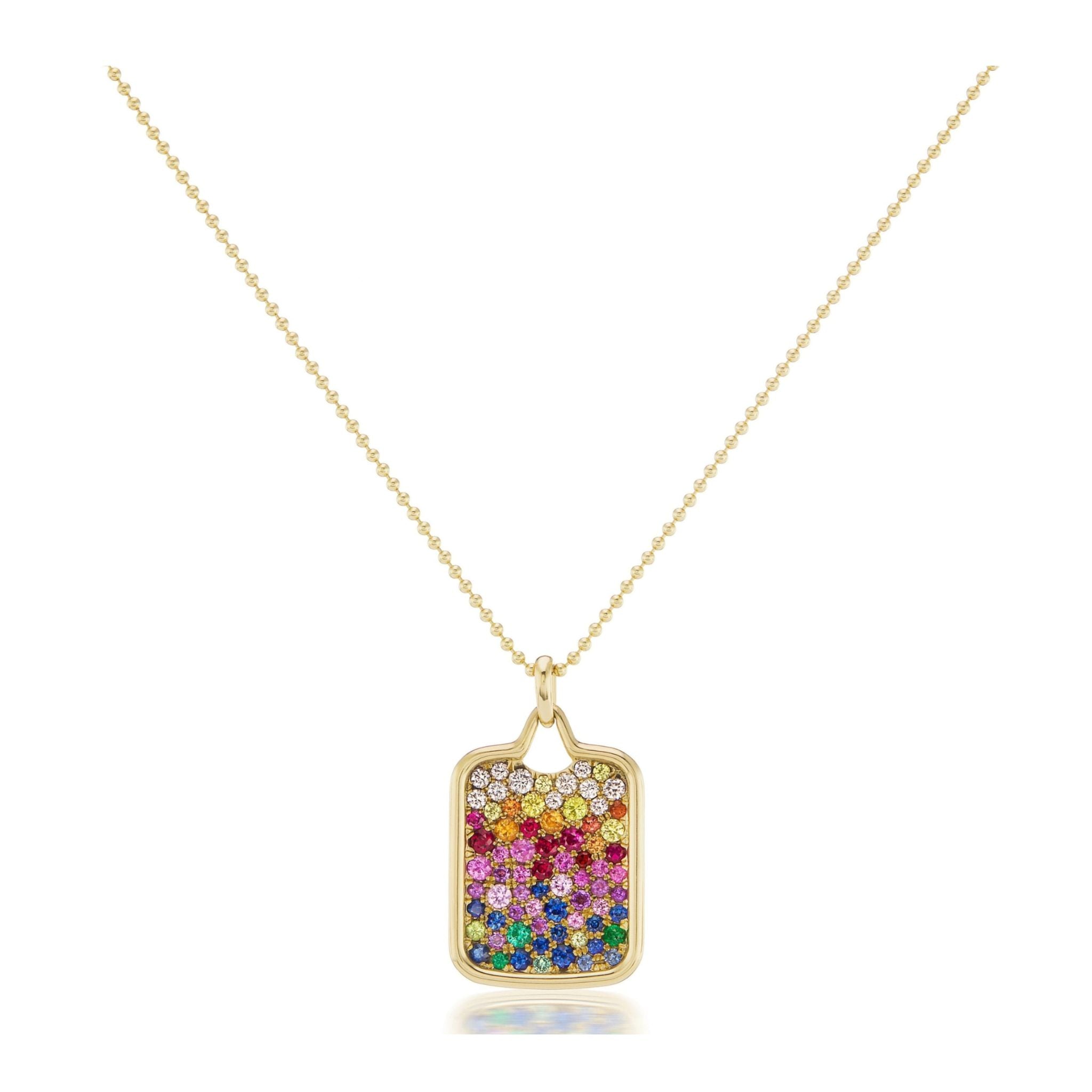 Introducing the Multicolor Cobblestone Pavé Pendant Necklace in Yellow Gold—an eye-catching 18K yellow gold necklace showcasing a rectangular pendant adorned with a radiant pavé of multicolor sapphires and round diamonds, arranged in a stunning gradient from luminous white at the top through vibrant pink, red, orange, green, and blue hues at the base.