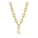 Chain Necklace with Diagonal Bezel Set Elongated Square Diamond Charm in Yellow Gold, featuring large oval links and a square-shaped pendant set with an elongated square diamond, is shown against a white background.