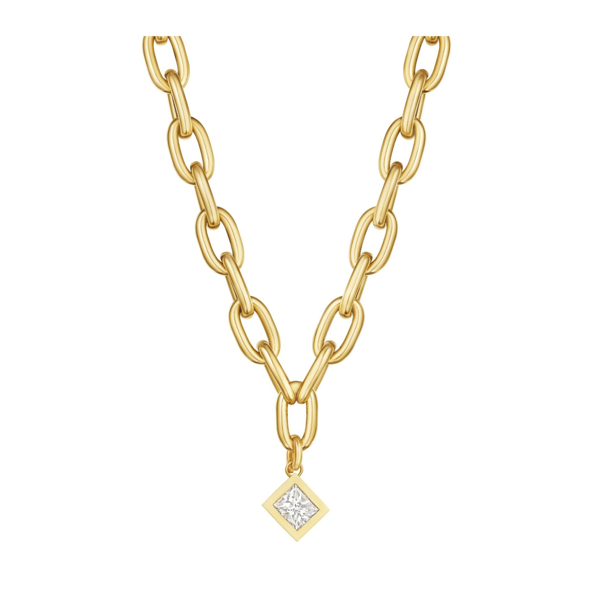 Chain Necklace with Diagonal Bezel Set Elongated Square Diamond Charm in Yellow Gold, featuring large oval links and a square-shaped pendant set with an elongated square diamond, is shown against a white background.
