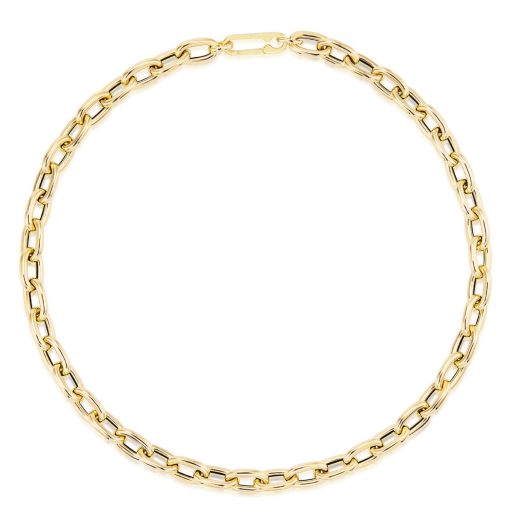 Introducing the Serpentine Signature Chain Necklace: An elegant 18-inch necklace crafted from 14K yellow gold, showcasing rectangular links arranged in a classic circular form. Featuring a lobster clasp closure at the top and displayed on a plain white background, this stunning piece can be customized to reflect your unique style.