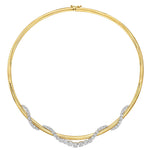 A luxurious blend of modern elegance, the Coil Graduated Round Diamond and Omega Chain Necklace in Yellow Gold and Platinum showcases a sleek omega chain in 18k yellow gold paired with platinum accents. Its front section features clusters of sparkling round diamonds artfully arranged in graceful, graduated wavy patterns, making this necklace a strikingly sophisticated statement piece.