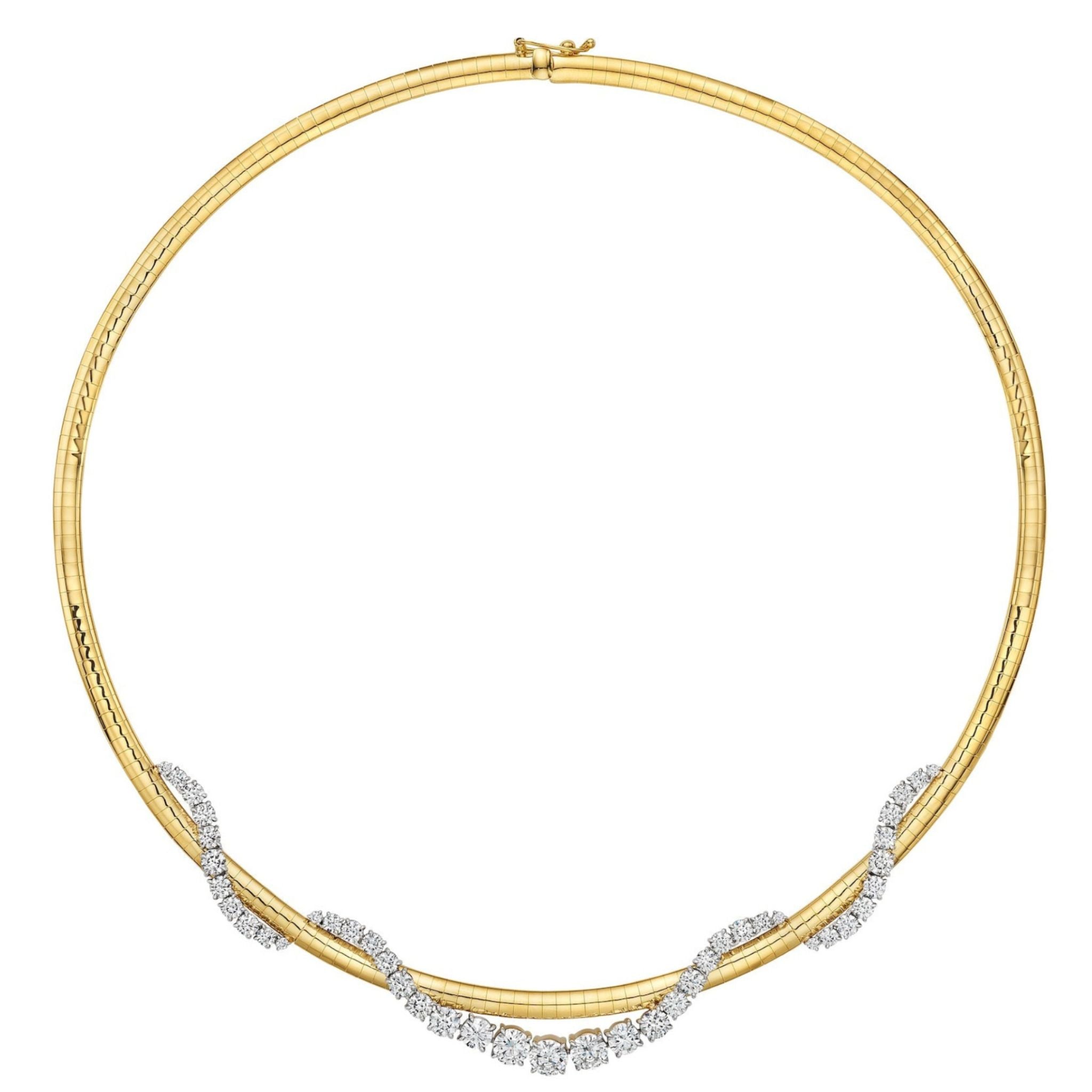 A luxurious blend of modern elegance, the Coil Graduated Round Diamond and Omega Chain Necklace in Yellow Gold and Platinum showcases a sleek omega chain in 18k yellow gold paired with platinum accents. Its front section features clusters of sparkling round diamonds artfully arranged in graceful, graduated wavy patterns, making this necklace a strikingly sophisticated statement piece.