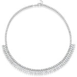 The Deco Feather Collar Necklace with Marquise Diamonds showcases a stunning row of round stones accented by evenly spaced marquise-shaped diamond drops along the lower half, elegantly set in 18k white gold and finished with an adjustable chain for the perfect fit.