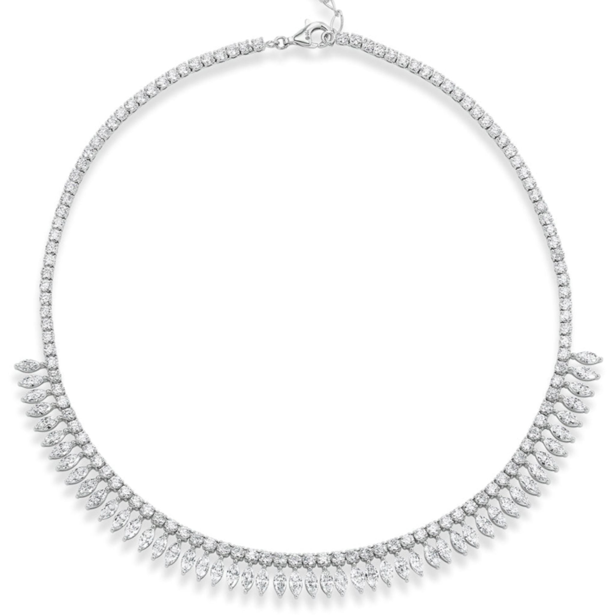The Deco Feather Collar Necklace with Marquise Diamonds showcases a stunning row of round stones accented by evenly spaced marquise-shaped diamond drops along the lower half, elegantly set in 18k white gold and finished with an adjustable chain for the perfect fit.