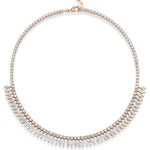 The Deco Feather Collar Necklace with Marquise Diamonds is crafted in 18k white and rose gold and features a graceful line of round diamonds accented by a fringe of marquise-shaped diamonds along the front, creating an elegant and sparkling design that brings luxurious sophistication to any ensemble.