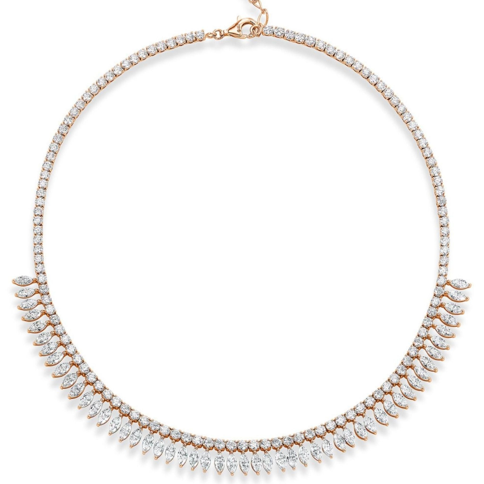 The Deco Feather Collar Necklace with Marquise Diamonds is crafted in 18k white and rose gold and features a graceful line of round diamonds accented by a fringe of marquise-shaped diamonds along the front, creating an elegant and sparkling design that brings luxurious sophistication to any ensemble.