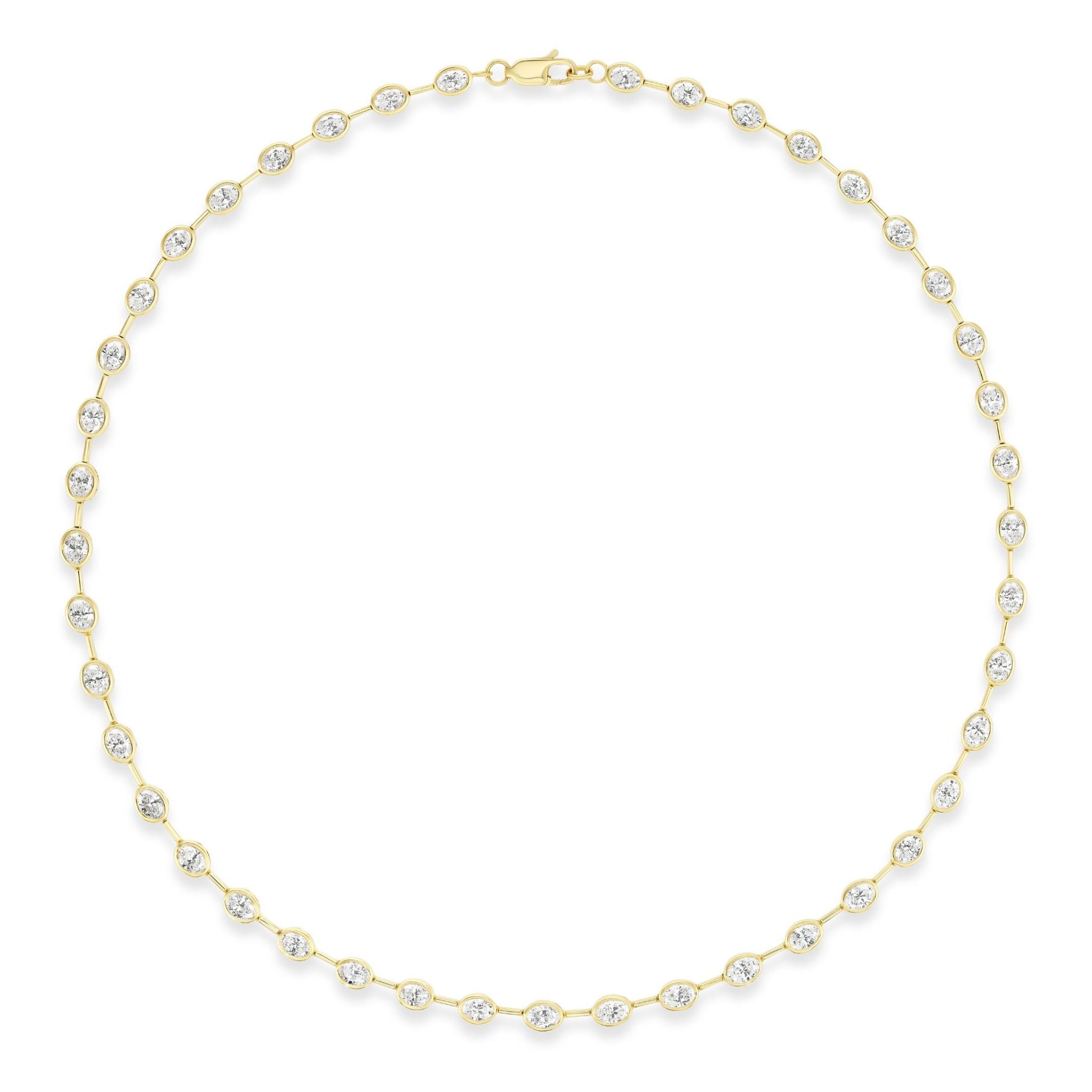 Bezel Set Oval Diamond Necklace in Yellow Gold, 16 inches long, features evenly spaced oval diamonds set in bezels that form a complete circle with a petite clasp at the top. Crafted from 18k yellow gold, this elegant and minimalist necklace is presented against a white background.