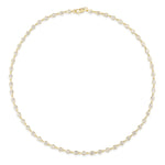 Introducing the Chasing Pears Diamond Garland Necklace—an elegant 18K gold piece showcasing evenly spaced pear-shaped diamonds totaling 5.50 carats, finished with a petite clasp at the top center.