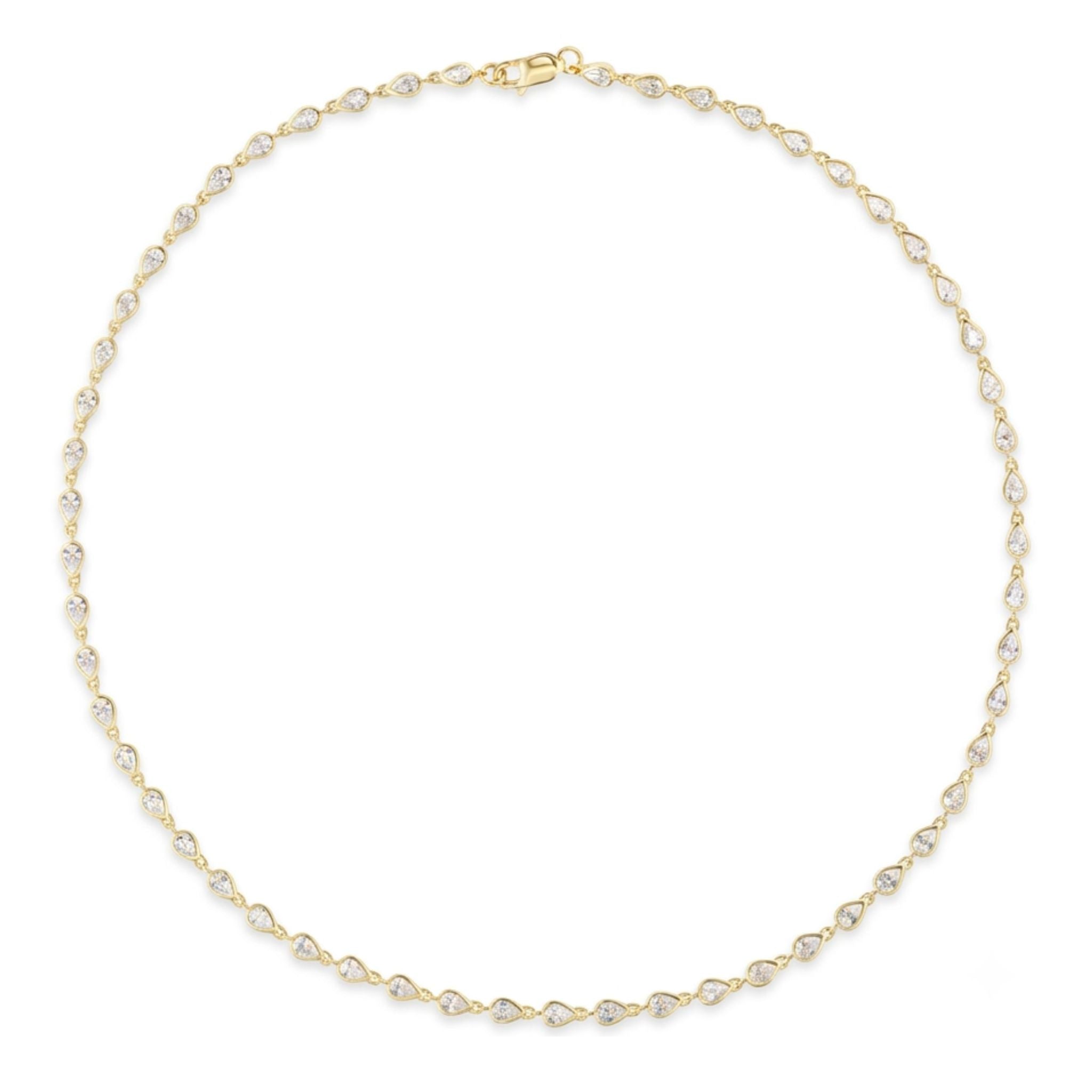 Introducing the Chasing Pears Diamond Garland Necklace—an elegant 18K gold piece showcasing evenly spaced pear-shaped diamonds totaling 5.50 carats, finished with a petite clasp at the top center.