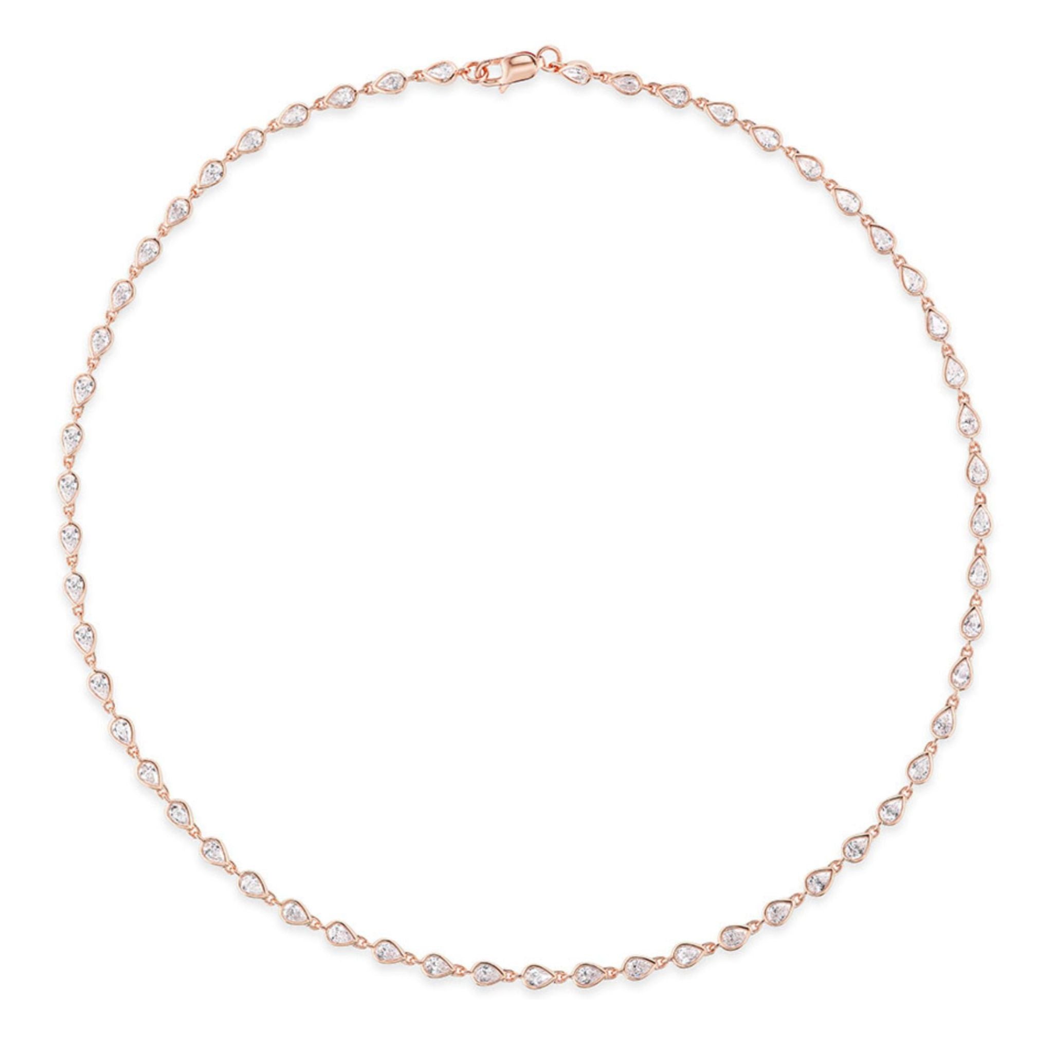 Introducing the Chasing Pears Diamond Garland Necklace: a delicate 18K gold necklace adorned with evenly spaced, pear-shaped diamonds totaling 5.50 carats. Each teardrop-shaped white gemstone is artfully arranged in a graceful garland design, shown against a crisp white background.