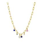 Introducing the Chain Necklace in Yellow Gold with Bezel Set Mixed Shape Sapphires, Diamonds, and Emeralds—expertly crafted in 18K yellow gold and featuring five evenly spaced front pendants: two cushion cut blue sapphires, a triangle-shaped emerald, a circular pink gem, and a round clear diamond.
