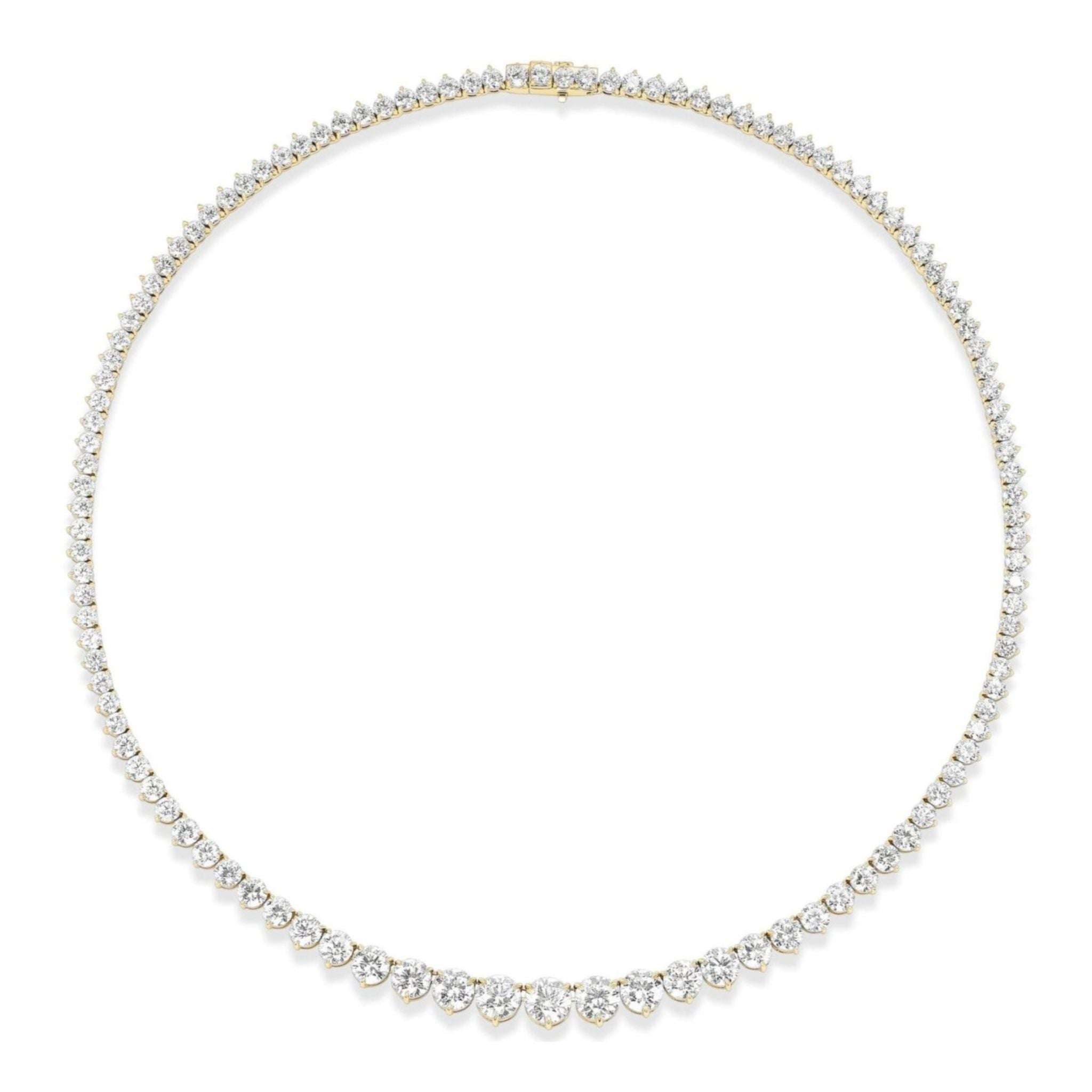 The Medium Graduated Round Diamond Tennis Necklace is crafted in 18k gold and showcases a delicate row of round, graduated white diamonds that increase in size toward the center and taper back toward the clasp, creating a refined and symmetrical design.