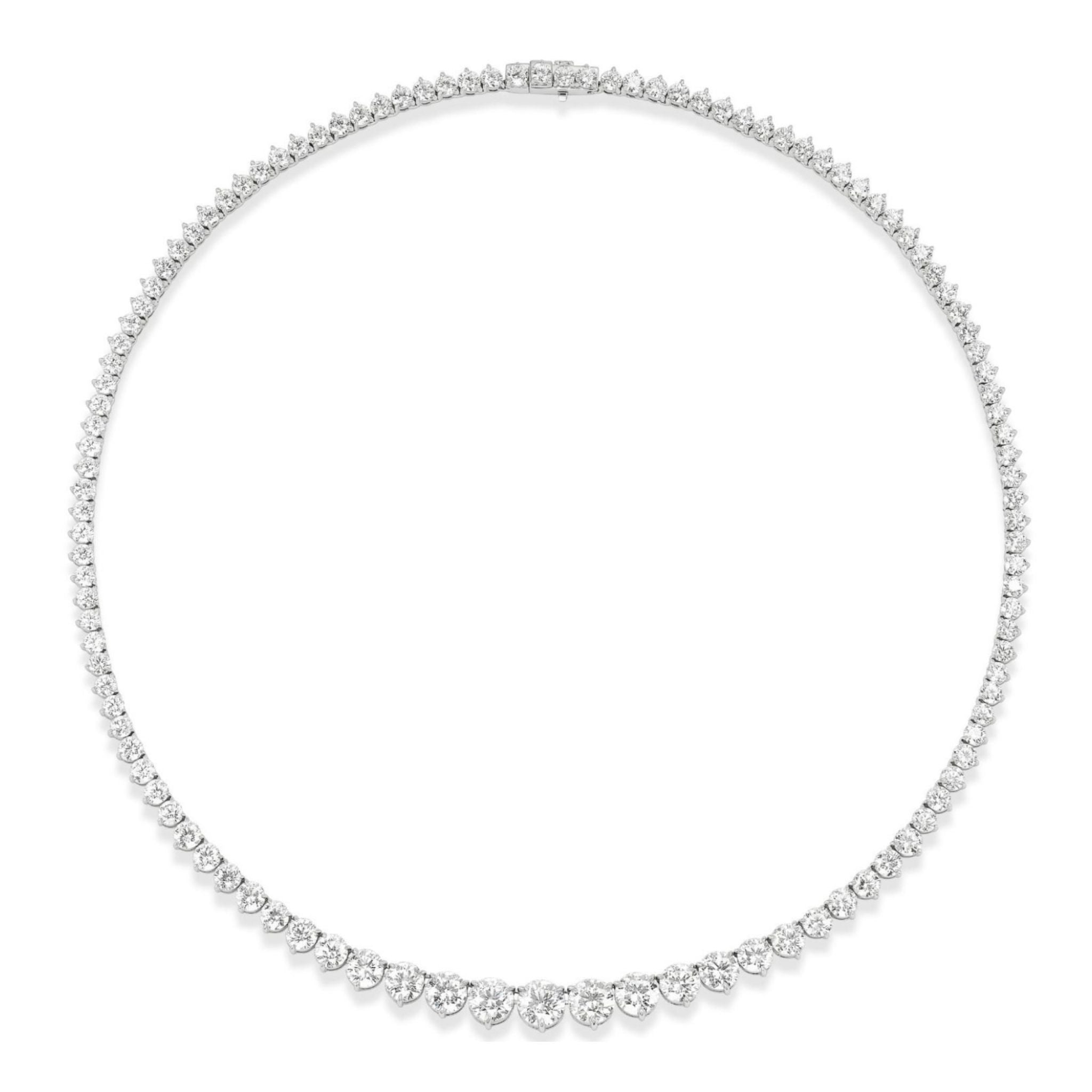 The Medium Graduated Round Diamond Tennis Necklace features a row of round diamonds that gradually increase in size toward the center, elegantly set in a slender 18k gold band.