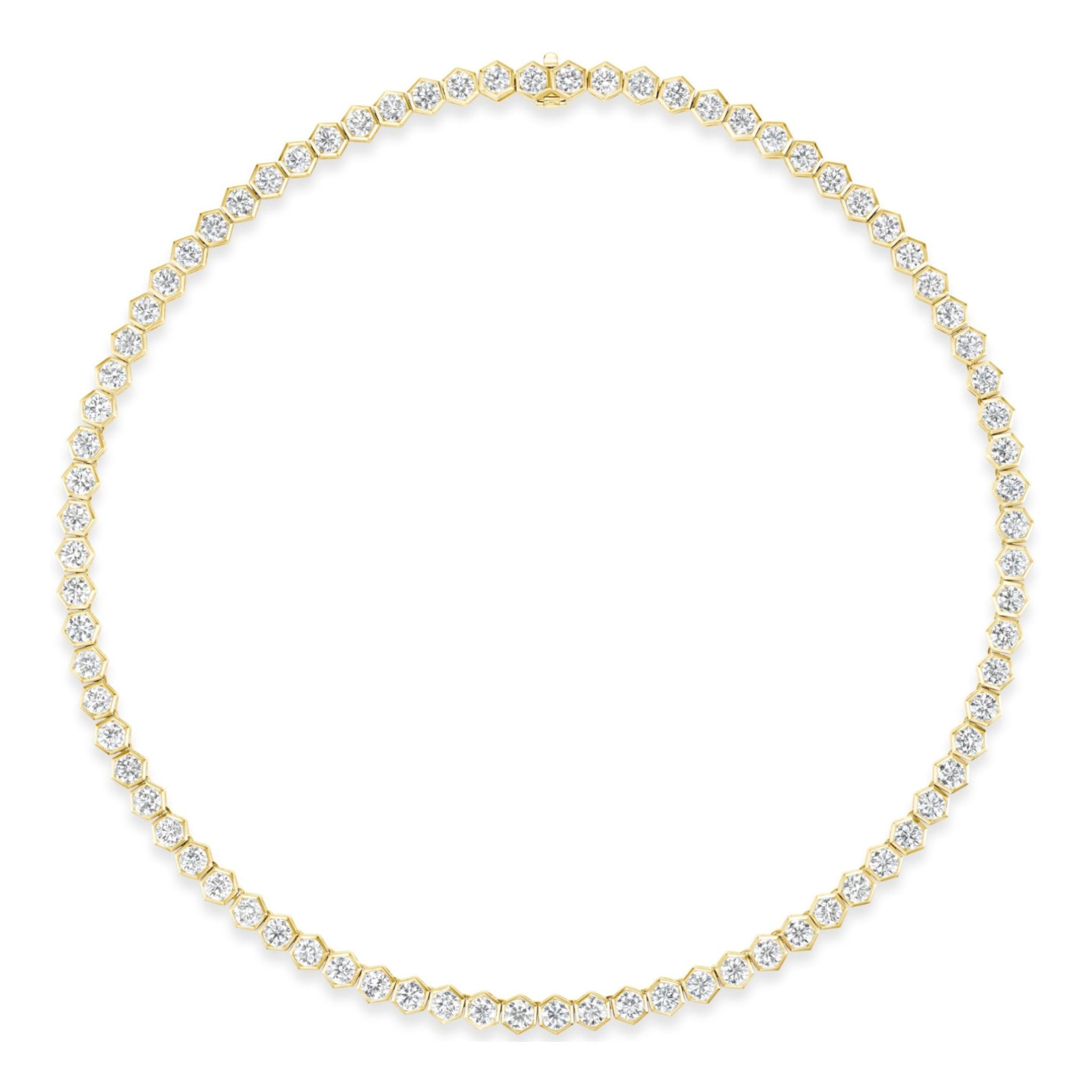 A Medium Hexagon Bezel Set Diamond Tennis Necklace in yellow gold, featuring round diamonds set in distinctive hexagon bezels, forms a continuous and elegant circle against a white background.