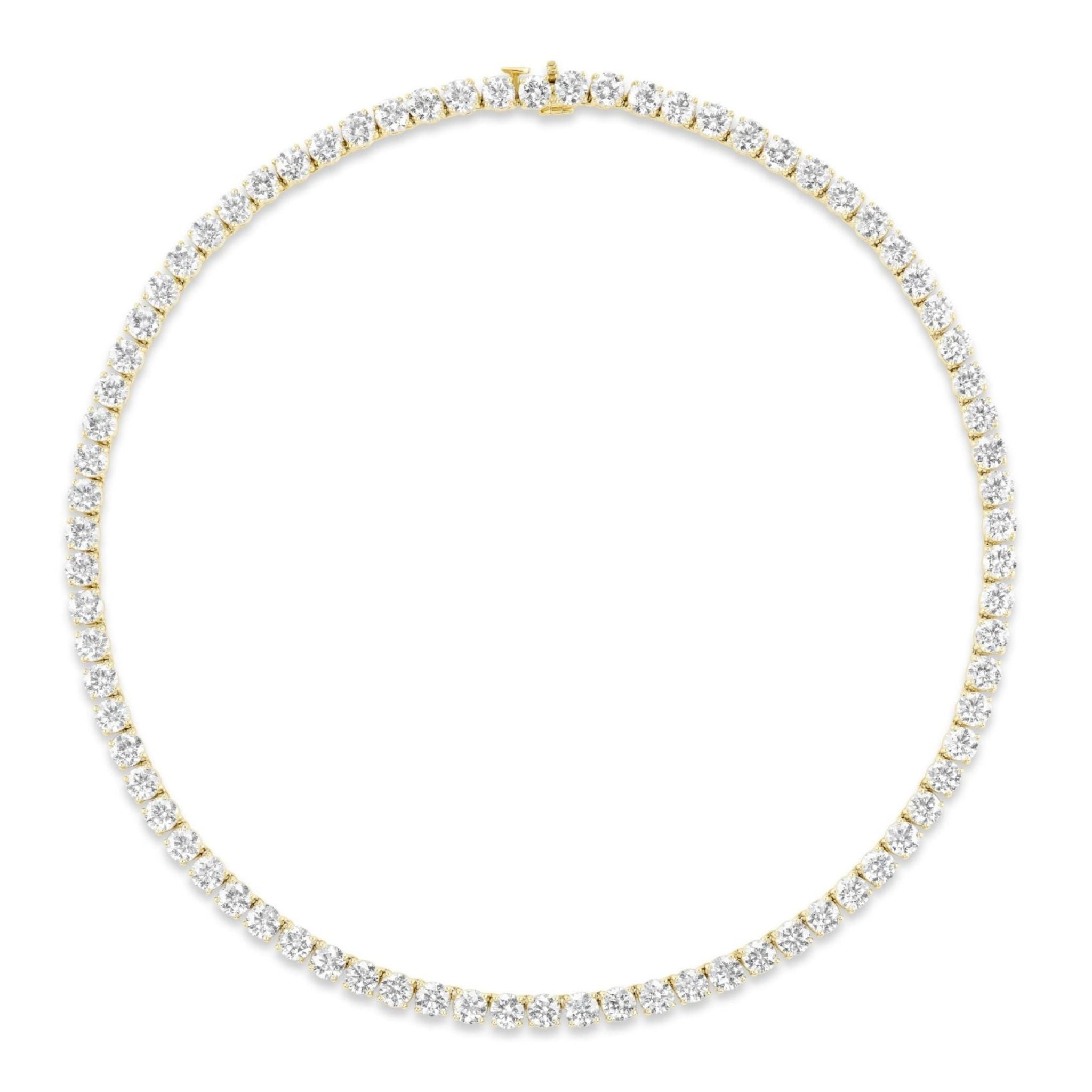 Introducing the Large Round Diamond Tennis Necklace—an exquisite 18K gold masterpiece showcasing a seamless line of closely set, brilliant round white diamonds arranged in a continuous circle.