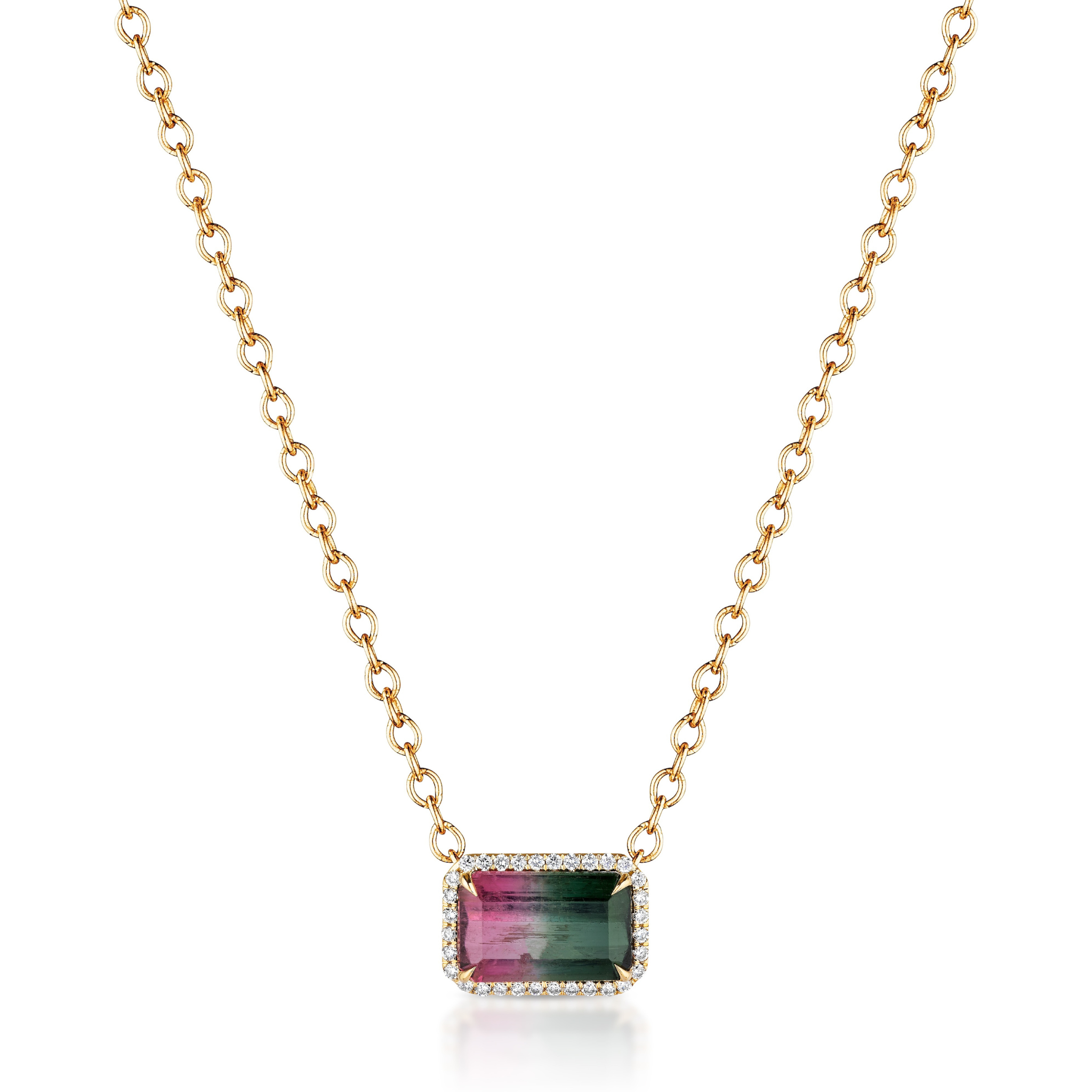 The East-West Emerald Cut Watermelon Tourmaline with Pavé Pendant in Yellow Gold features a vibrant pink and green tourmaline accented by pavé stones, set in 18K yellow gold on a gold chain.
