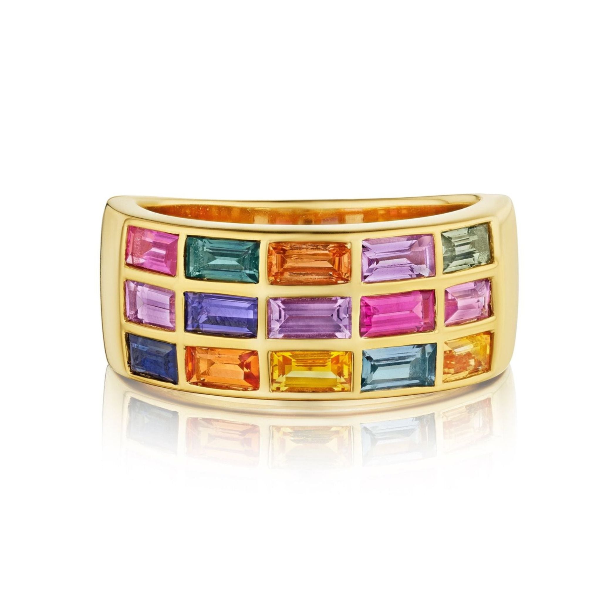 The East-West Set Multicolor Sapphire Band in yellow gold features three rows of pink, green, orange, purple, yellow, and blue sapphire baguettes in a geometric design. Crafted in 18k gold and offered in size 6.5.