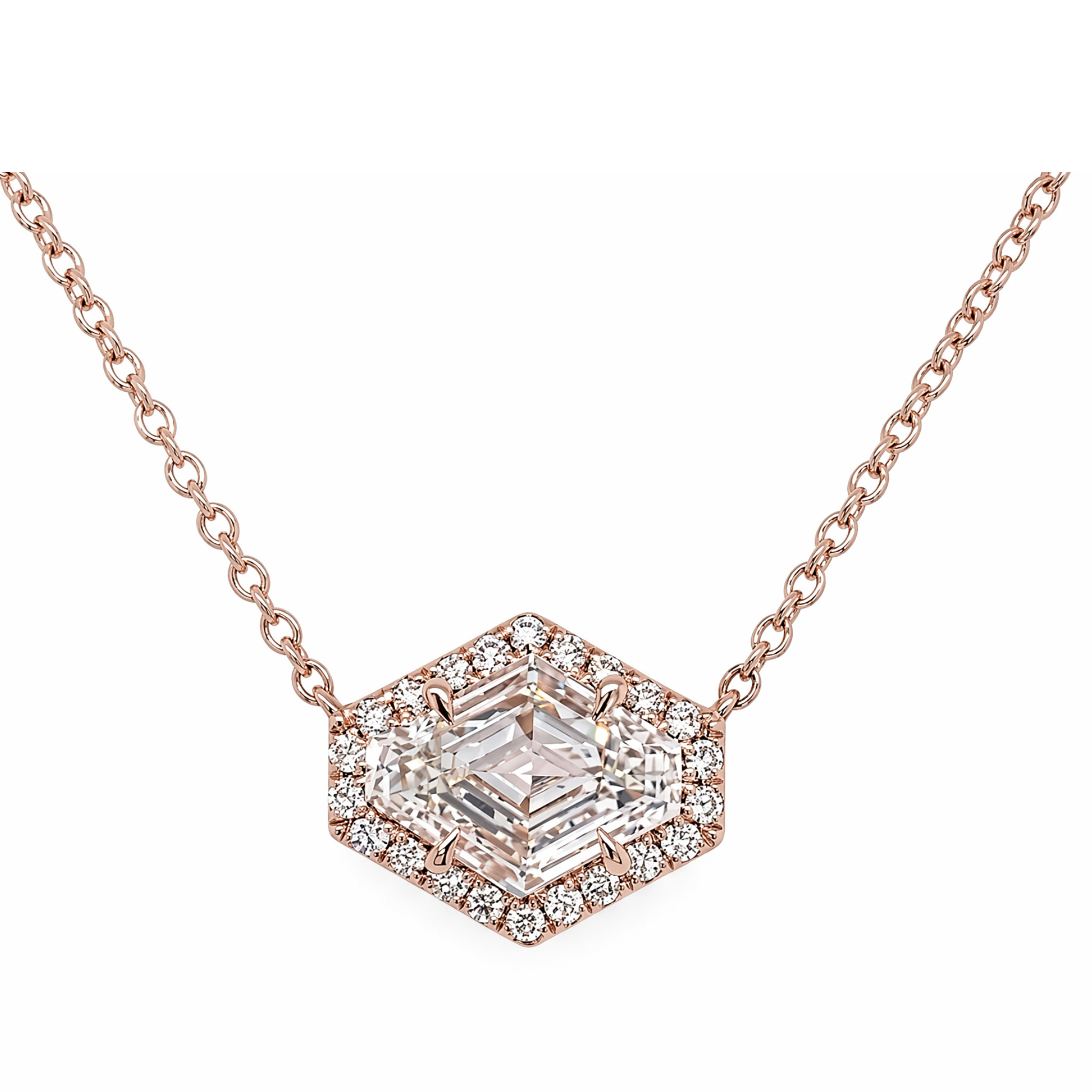 The East-West Shield Diamond Pendant with Halo in rose gold showcases a large emerald-cut VS clarity diamond framed by round diamonds, set on an 18K rose gold chain.