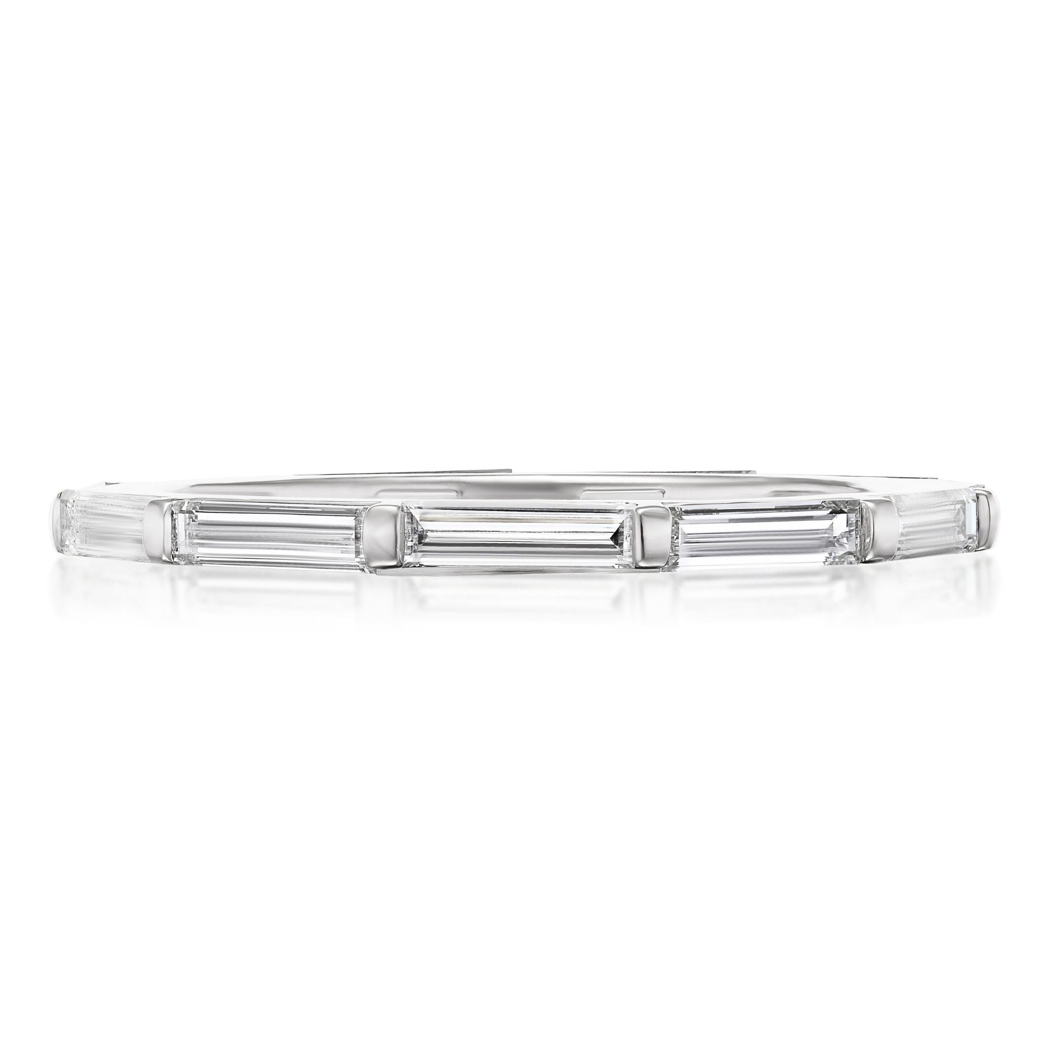 The East-West Thin Baguette Cut Diamond Eternity Band is a sleek 18K white gold bracelet with evenly spaced rectangular baguette diamonds in a minimalist design.
