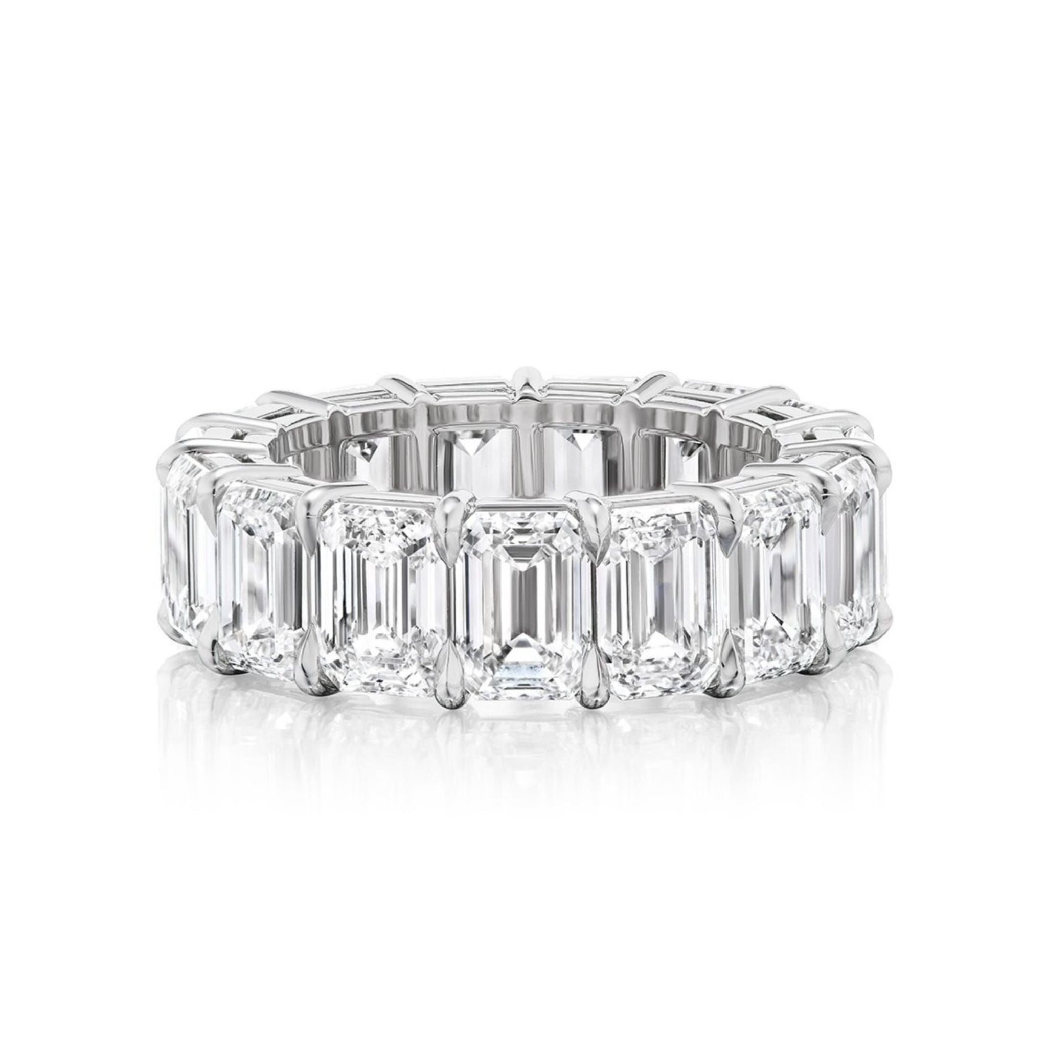 The Emerald Cut Diamond Eternity Band, crafted in platinum and set with large emerald-cut diamonds all around, is elegantly showcased against a white background.