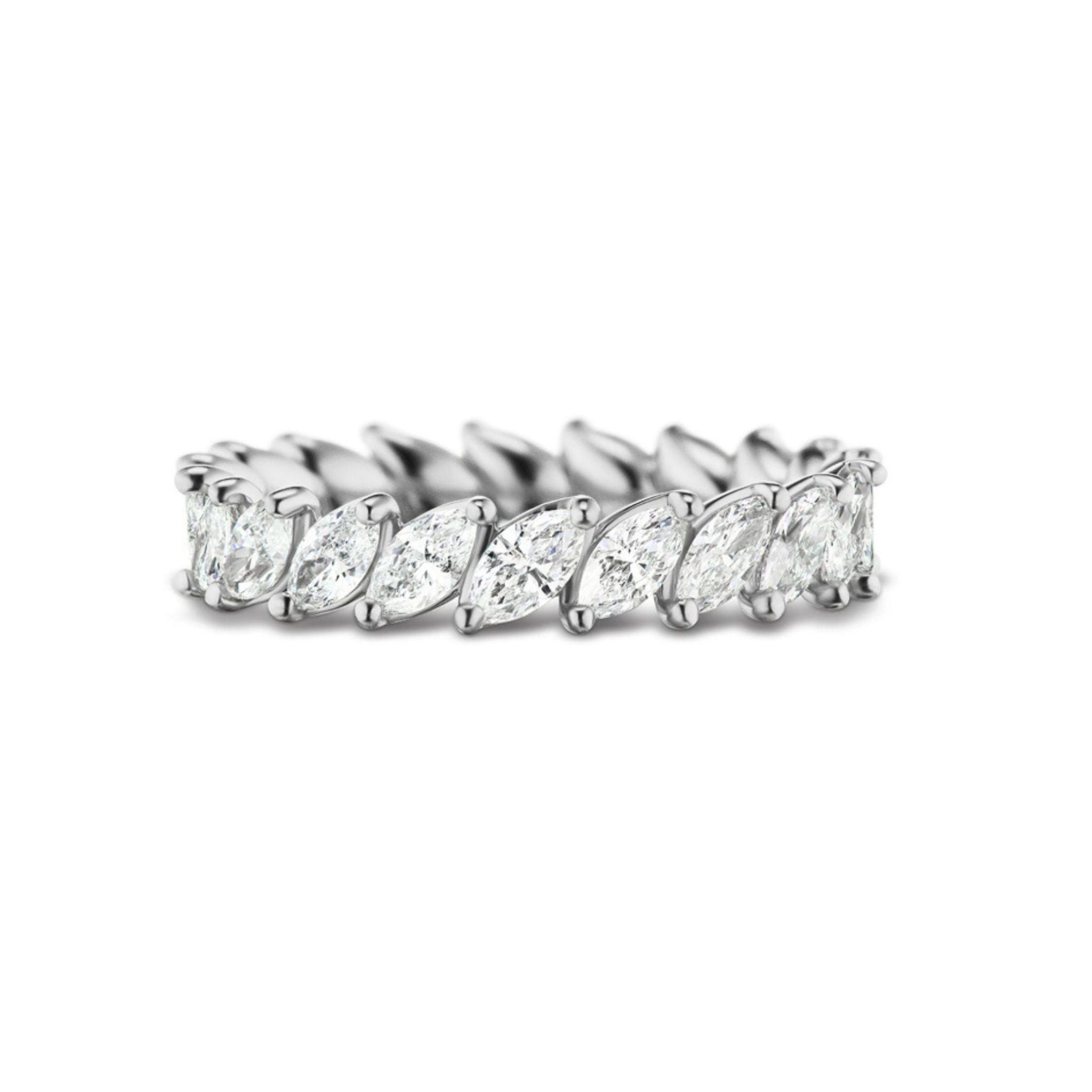 The Marching Marquise Eternity Band is shown on a white background; this ring features closely set marquise-cut diamonds in an eternity band style, crafted in white gold or platinum.