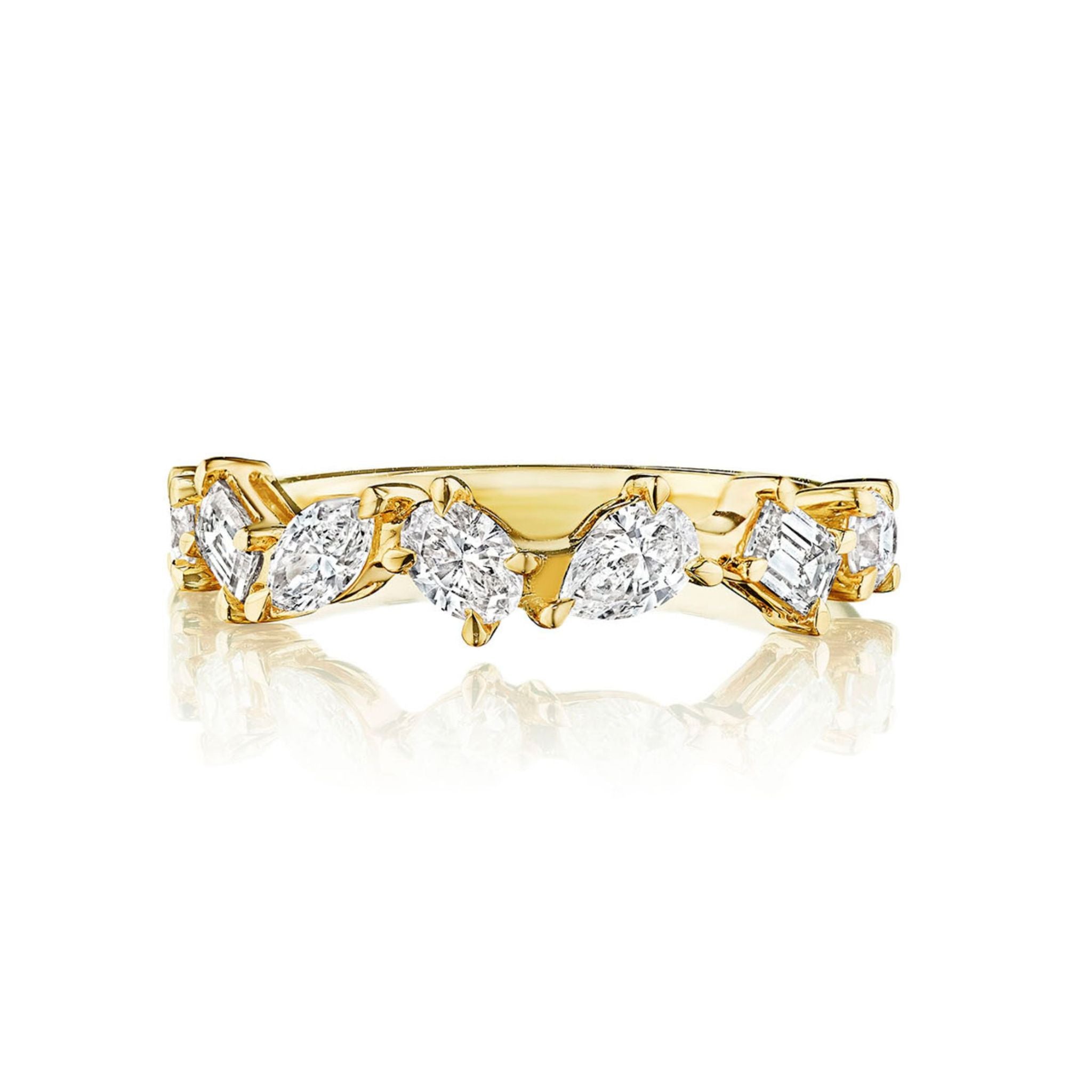 Introducing the Mixed Shape Diamond Half Eternity Band—an elegant gold ring showcasing alternating marquise and round-cut diamonds in a graceful continuous pattern. Perfect for commemorating life’s special moments, this exquisite band is an ideal choice for those seeking sophisticated diamond rings.