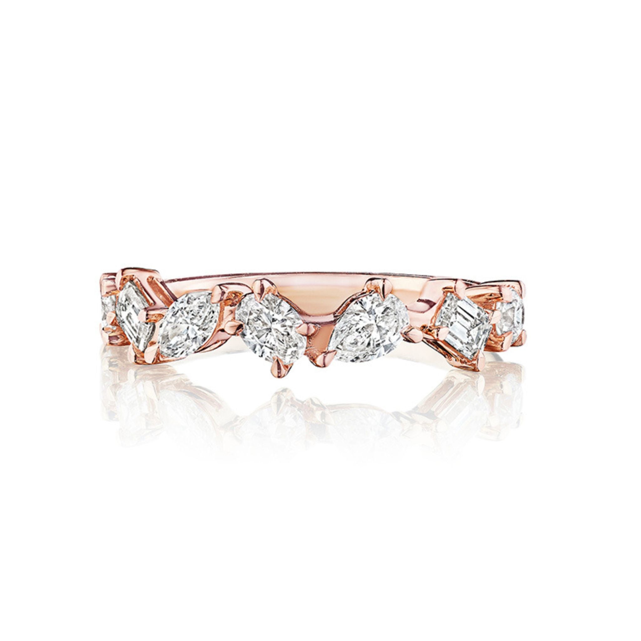 A Mixed Shape Diamond Half Eternity Band in rose gold, showcasing alternating marquise and rectangular diamonds in a continuous design, photographed on a white background.