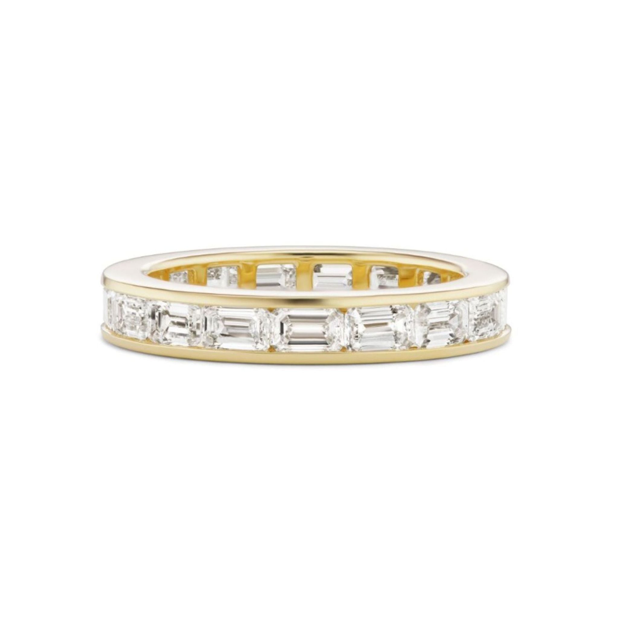 Sure! Here’s a rewritten version using your product data: The Emerald Cut Diamond Channel Set Eternity Band showcases a continuous row of rectangular emerald-cut diamonds set around the band, elegantly displayed on a plain white background.