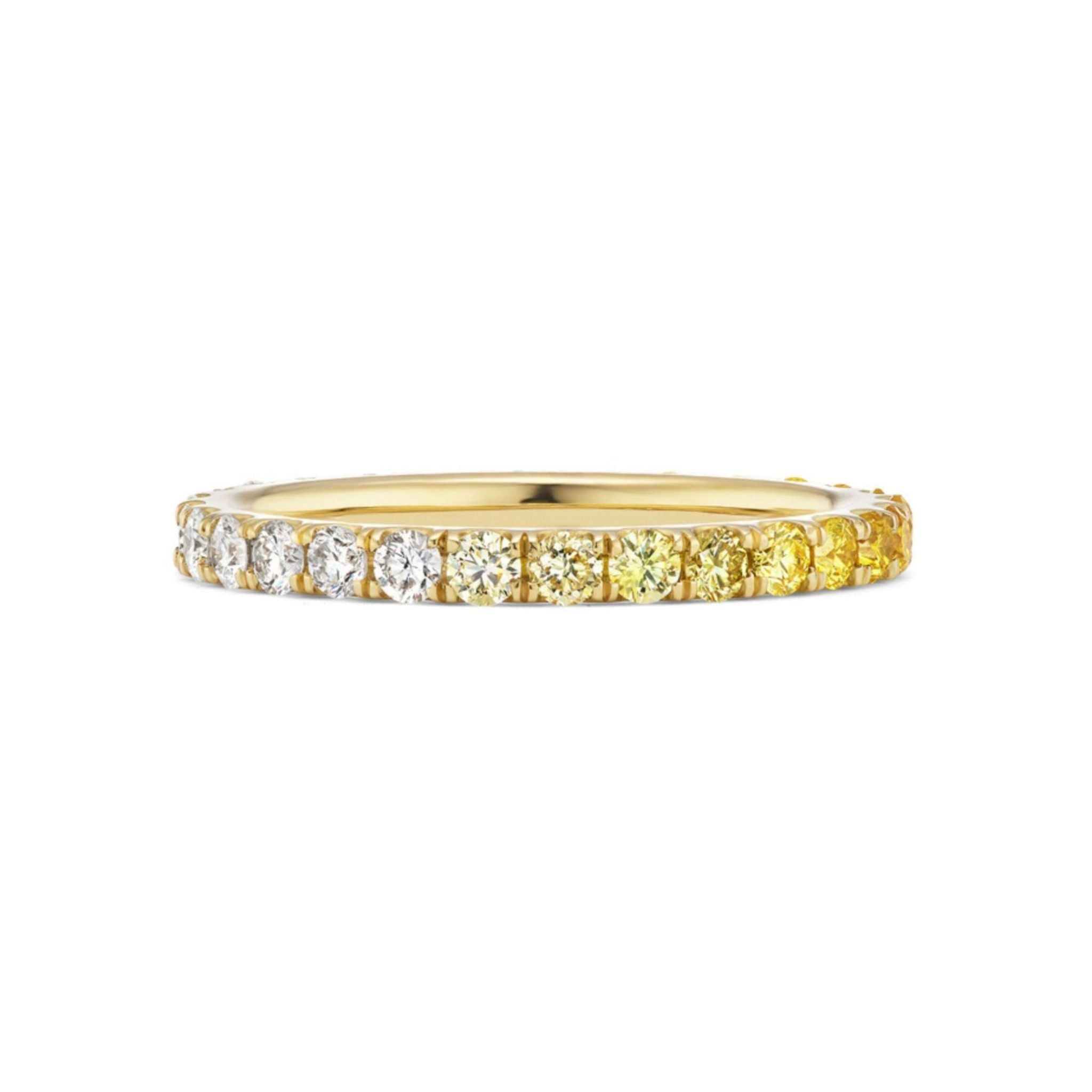 Introducing the Ombré Eternity Band with Radiant Cut Yellow Sapphires and White Diamonds—a stunning gold band featuring a seamless row of radiant cut gemstones that transition from brilliant white diamonds on one side to vibrant yellow sapphires on the other, creating a dazzling ombré effect.