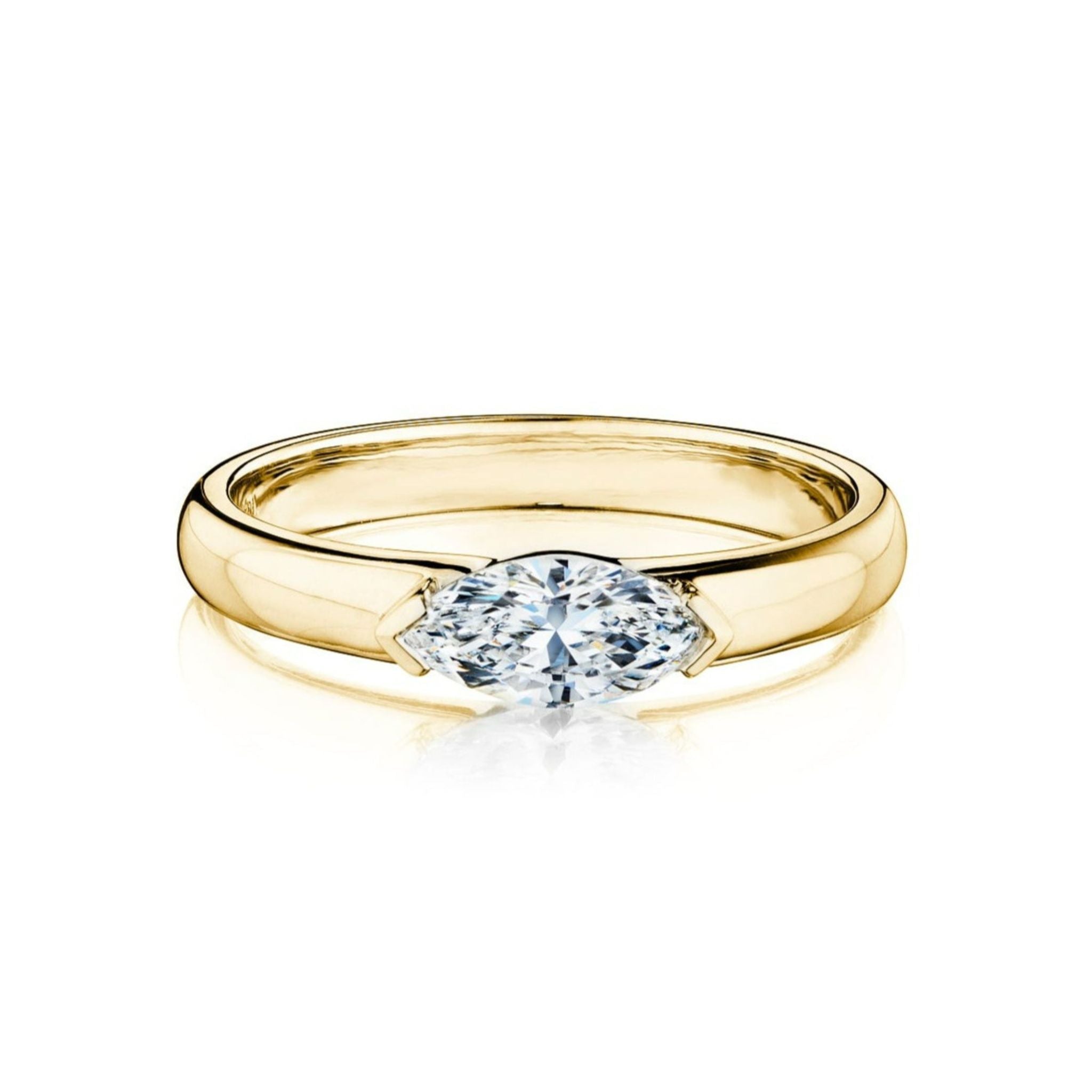 The East-West Marquise Diamond Solitaire Band showcases a marquise diamond set in 18k yellow gold, displayed on a white background and available in size 6.