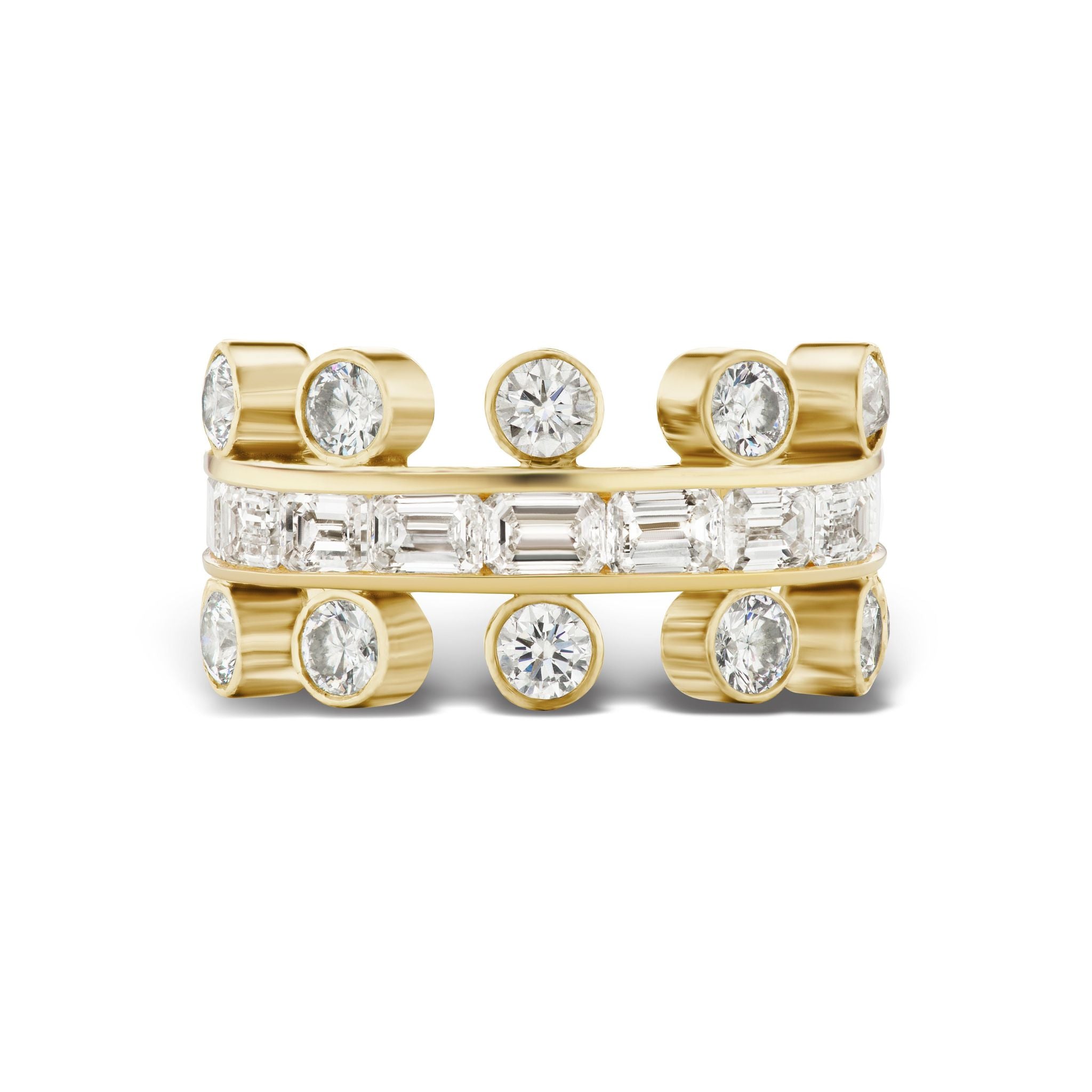 The Crown Ring in yellow gold showcases a central row of emerald cut diamonds, elegantly bordered above and below by bezel-set round diamonds.
