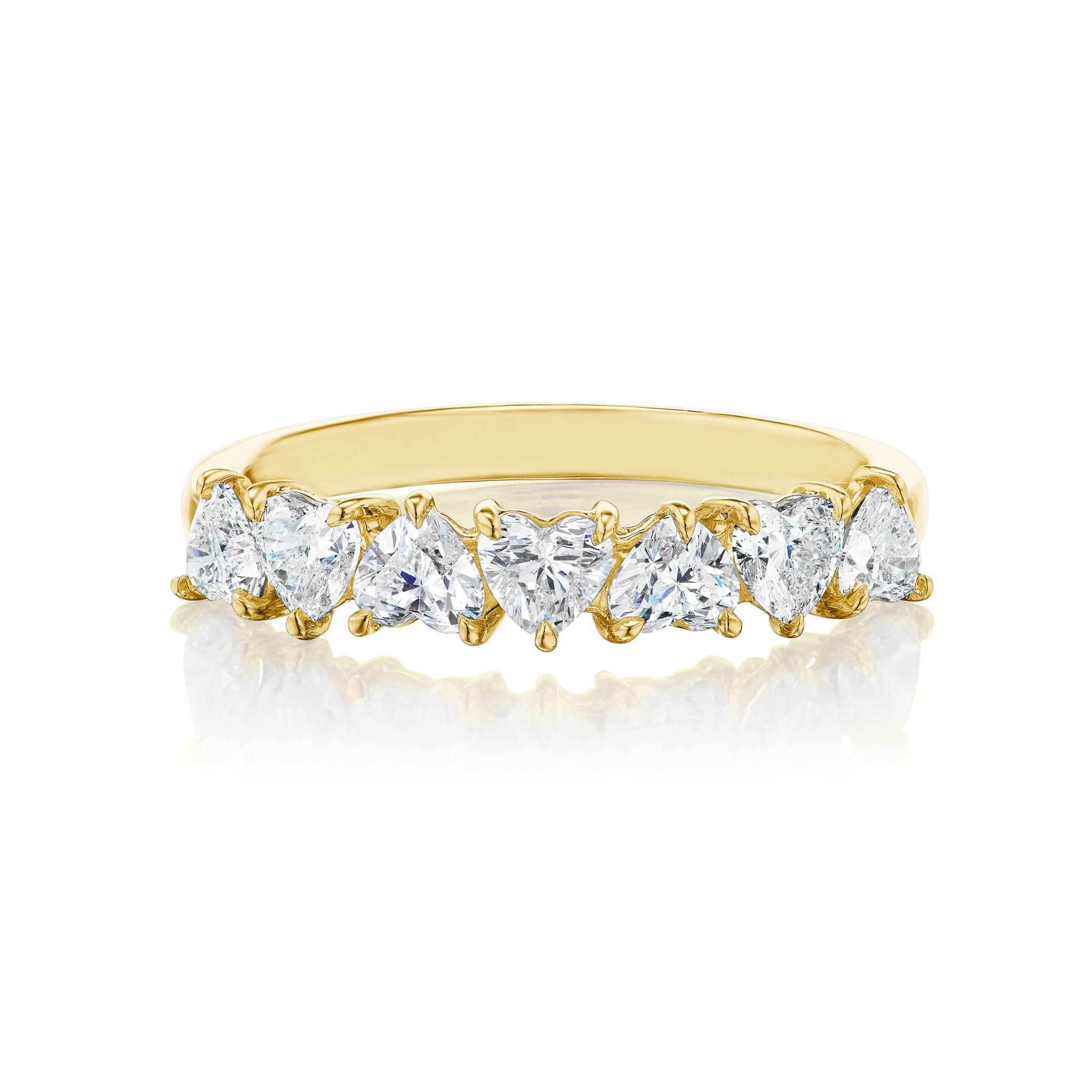 The Up and Down Heart Diamond Half Eternity Band showcases a row of seven heart-shaped diamonds set across a gold band, beautifully displayed on a white background—an exquisite choice for bridal or celebration rings.
