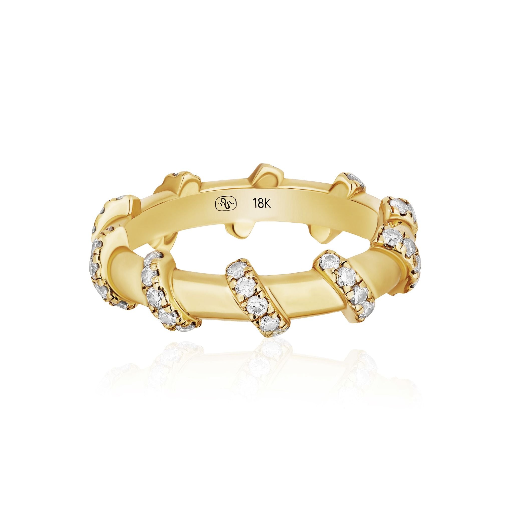 Introducing the Spiral Pavé Diamond Band: an 18k yellow gold ring with a twisted, spiraling design, featuring small round pavé-set diamonds along the spiral. The interior is stamped 18K.