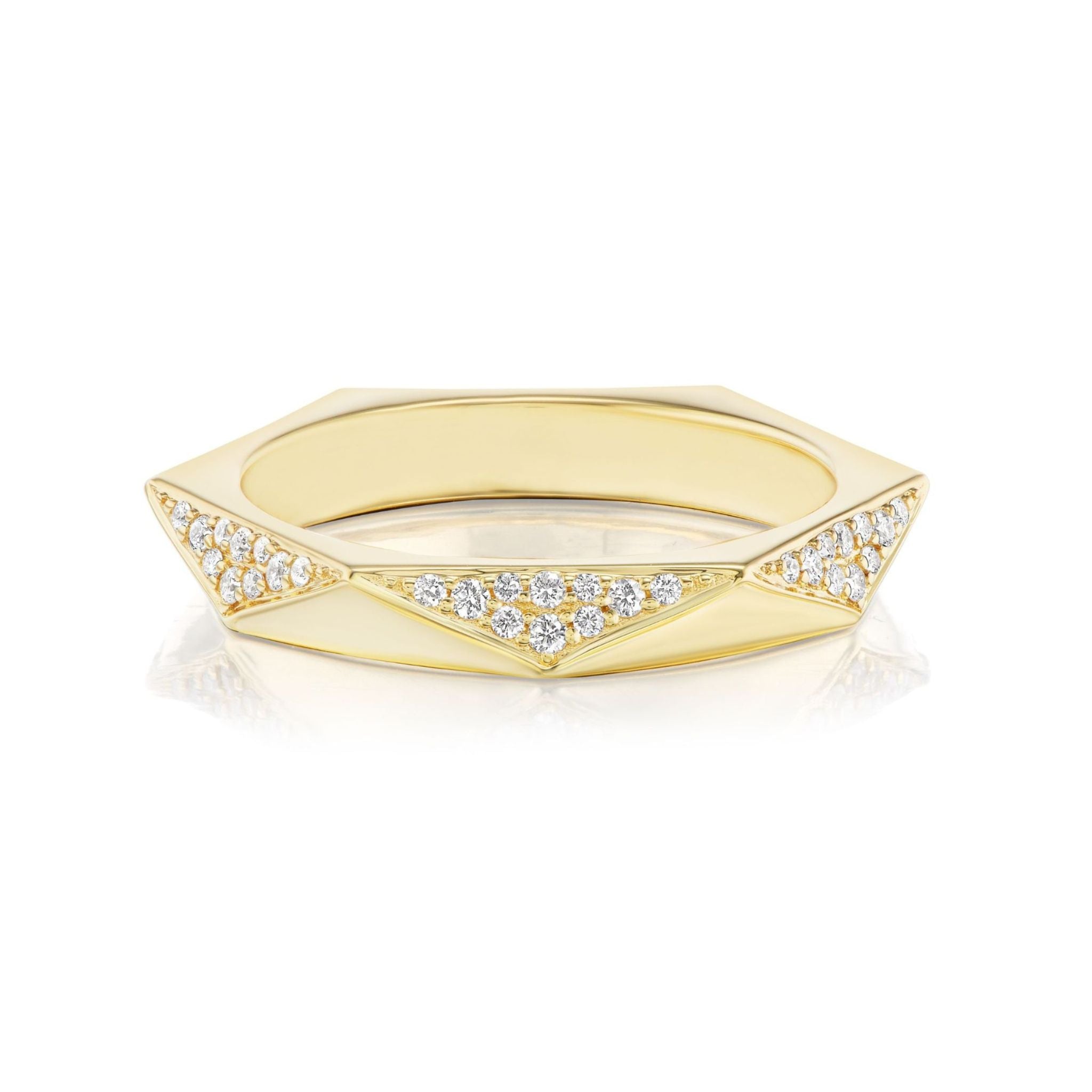 The Triangular Geometric Pavé Band is crafted in 18k gold, featuring a faceted design with clusters of small, sparkling round SI clarity diamonds set within three triangular sections.