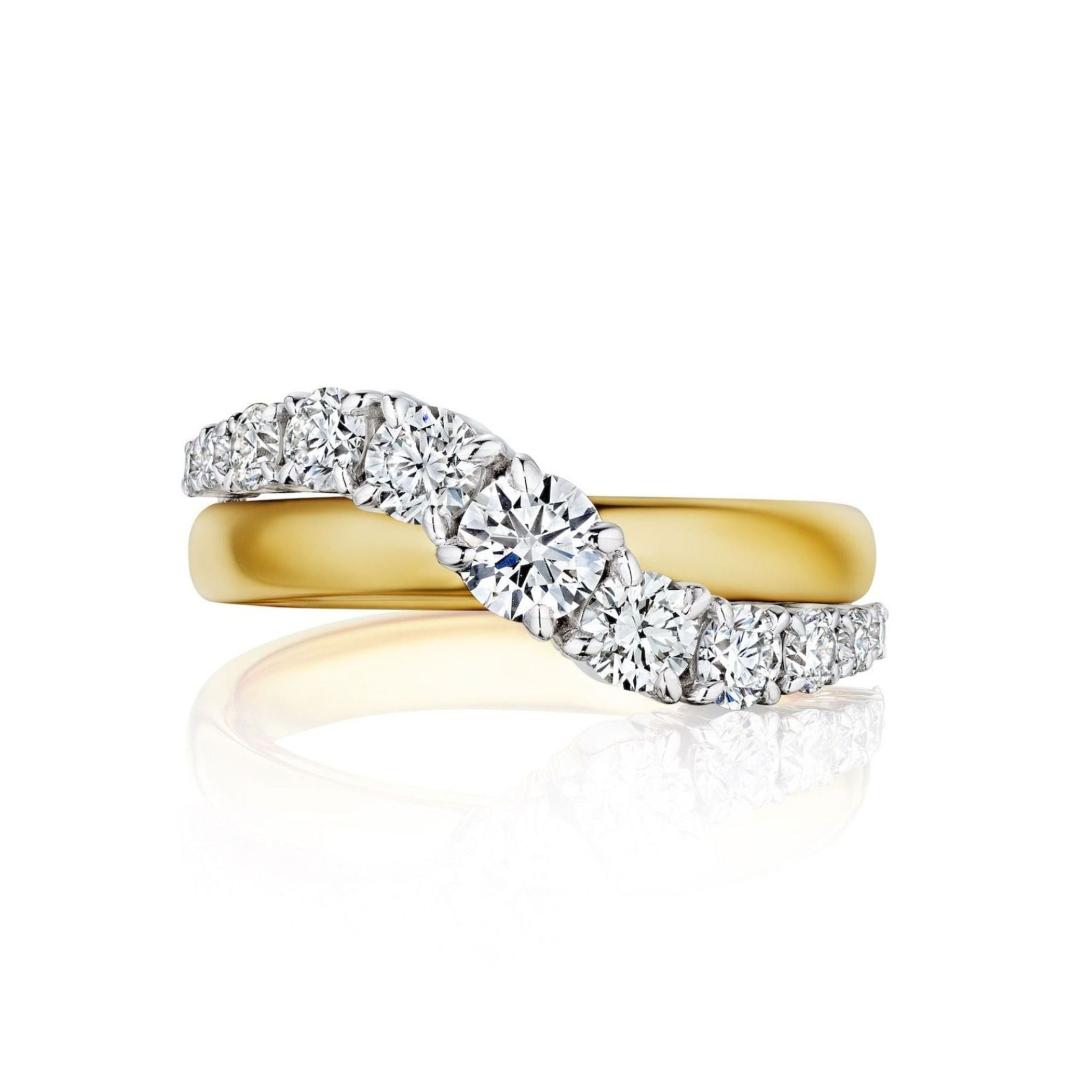 Introducing the Coil Graduated Round Diamond Wave Band in Yellow Gold: an elegant ring featuring a curved sweep of round, sparkling natural diamonds crossing over a graceful wave design, beautifully crafted in 18k yellow gold and displayed on a white background.