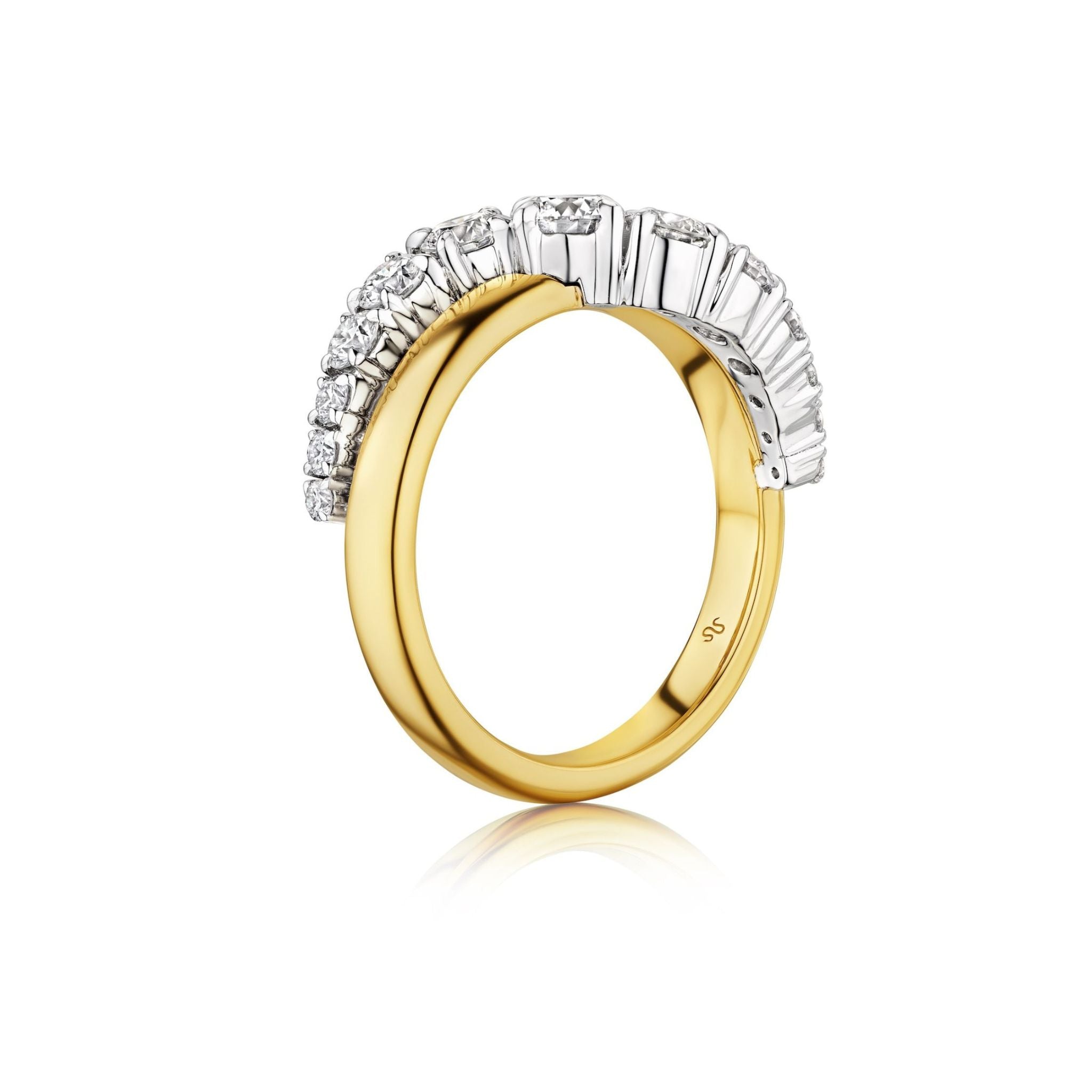 Introducing the Coil Graduated Round Diamond Wave Band in Yellow Gold: This elegant ring is crafted in 18k yellow gold and showcases a graceful wave of natural round diamonds in varying sizes set along the top, displayed against a plain white background.