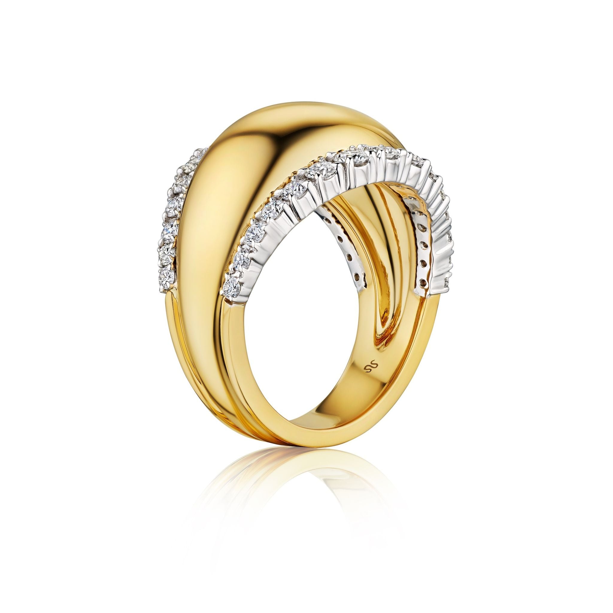 Presenting the Coil Dome Ring with Pavé Diamond Borders in Yellow Gold: This striking 18k yellow gold ring features a sleek, wide domed band accented by two elegant rows of pavé diamonds set in white gold, gracefully curving along one side. Shown against a white background, the ring’s polished finish is highlighted by a subtle reflection below.