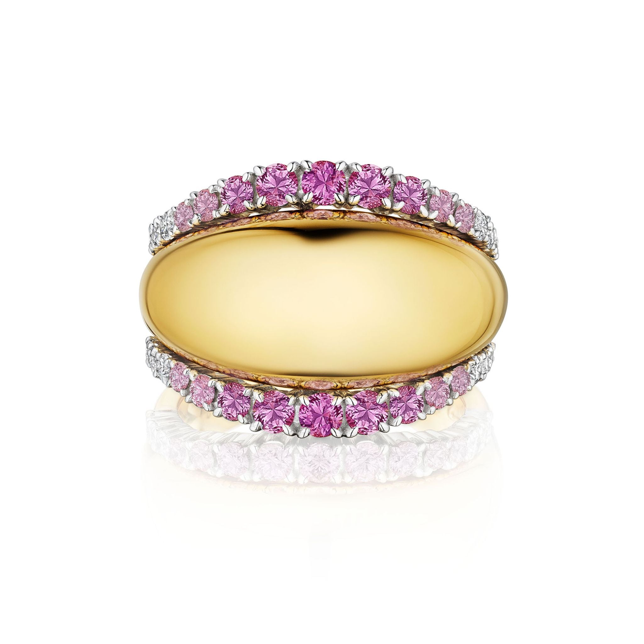 Presenting the Pink Coil Dome Ring with Pavé Sapphire Diamond Borders in Yellow Gold: a striking 18k yellow gold design showcasing a wide, polished center band framed by pavé-set round pink sapphires and diamonds along the edges—an elegant reinterpretation of the classic pink sapphire dome ring, shown here against a white background.