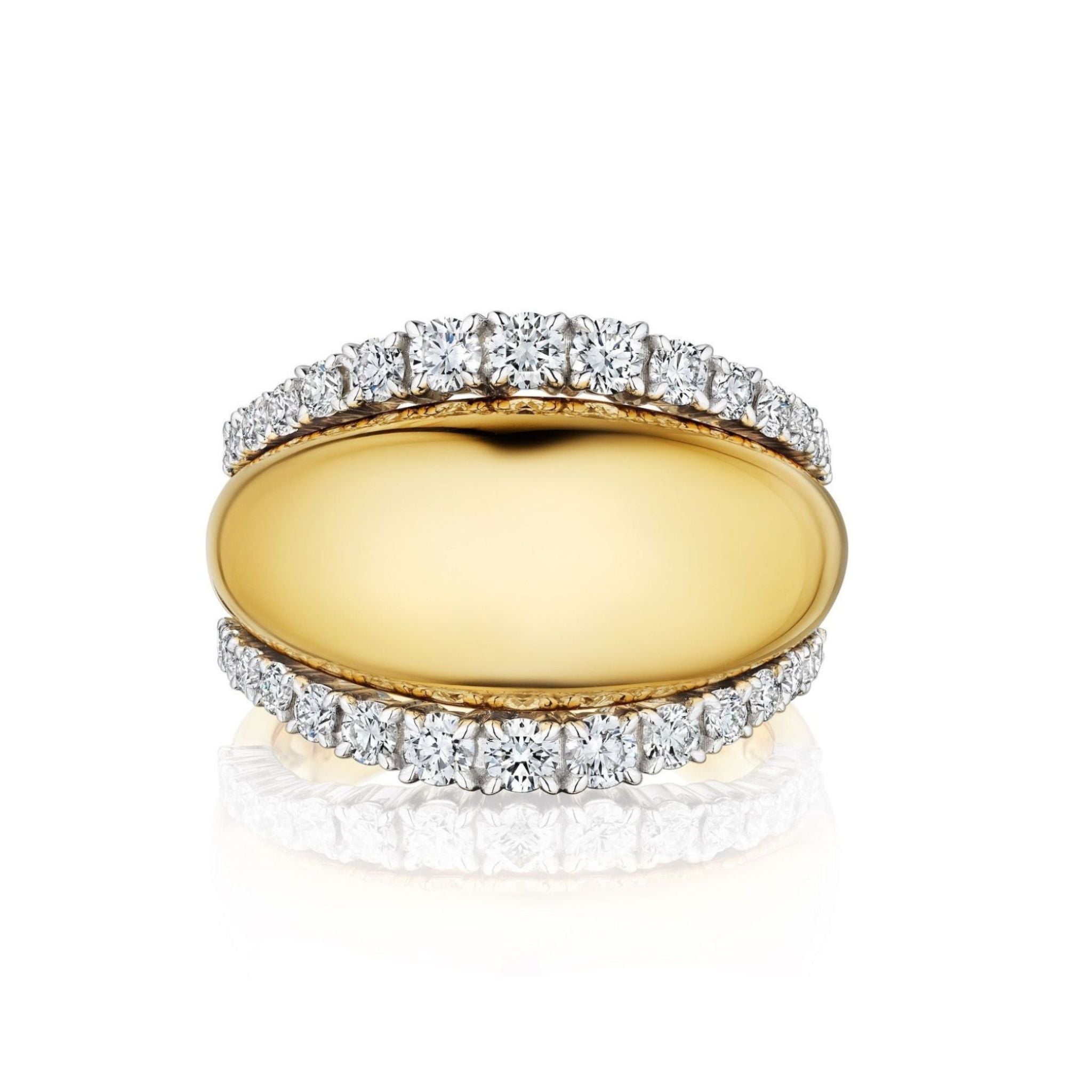 The Coil Dome Ring with Pavé Diamond Borders in Yellow Gold showcases a sleek, polished center framed by two glittering rows of pavé diamonds, all beautifully crafted in radiant 18k yellow gold against a striking white backdrop.