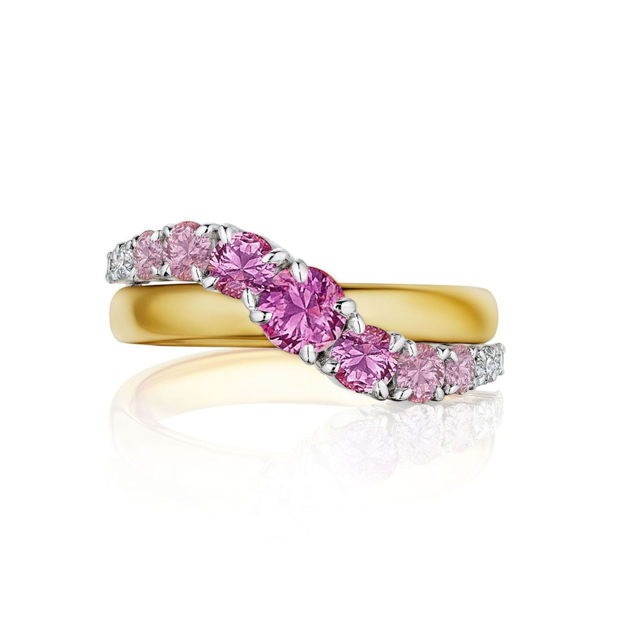 Introducing the Pink Coil Graduated Round Sapphire and Diamond Wave Band in Yellow Gold, an elegant gold ring with a spiral design, featuring alternating pink sapphires and white diamonds set in a gracefully curved band that wraps around the central yellow gold band—reminiscent of a luxurious diamond wave ring crafted in 18k gold.