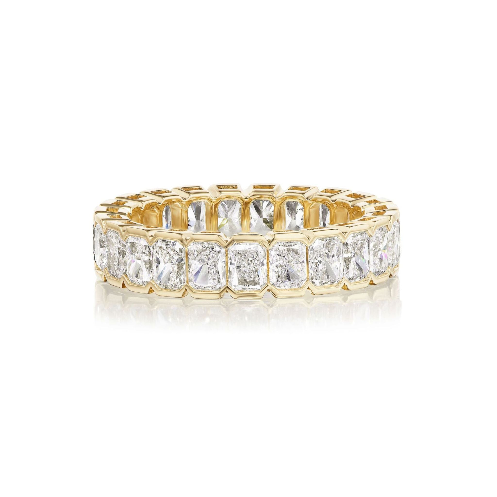 Bracket Bezel Radiant Cut Diamond Eternity Band featuring radiant-cut diamonds set all around the band in a striking bracket bezel style, elegantly showcased on a white background—ideal for anyone looking for an exquisite celebration or bridal ring.