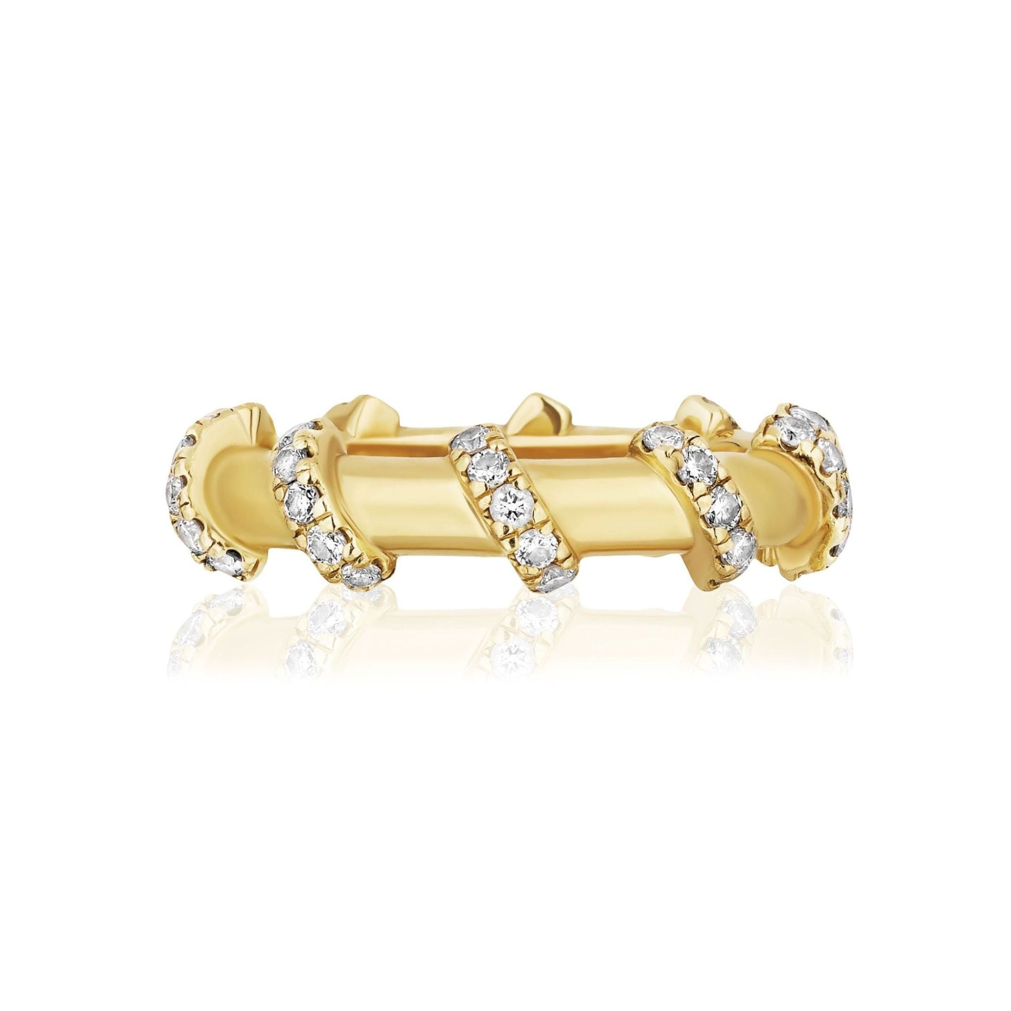 The Spiral Pavé Diamond Band features a spiral design crafted from 18k yellow gold and accented with clusters of small, sparkling round diamonds wrapped around the band.