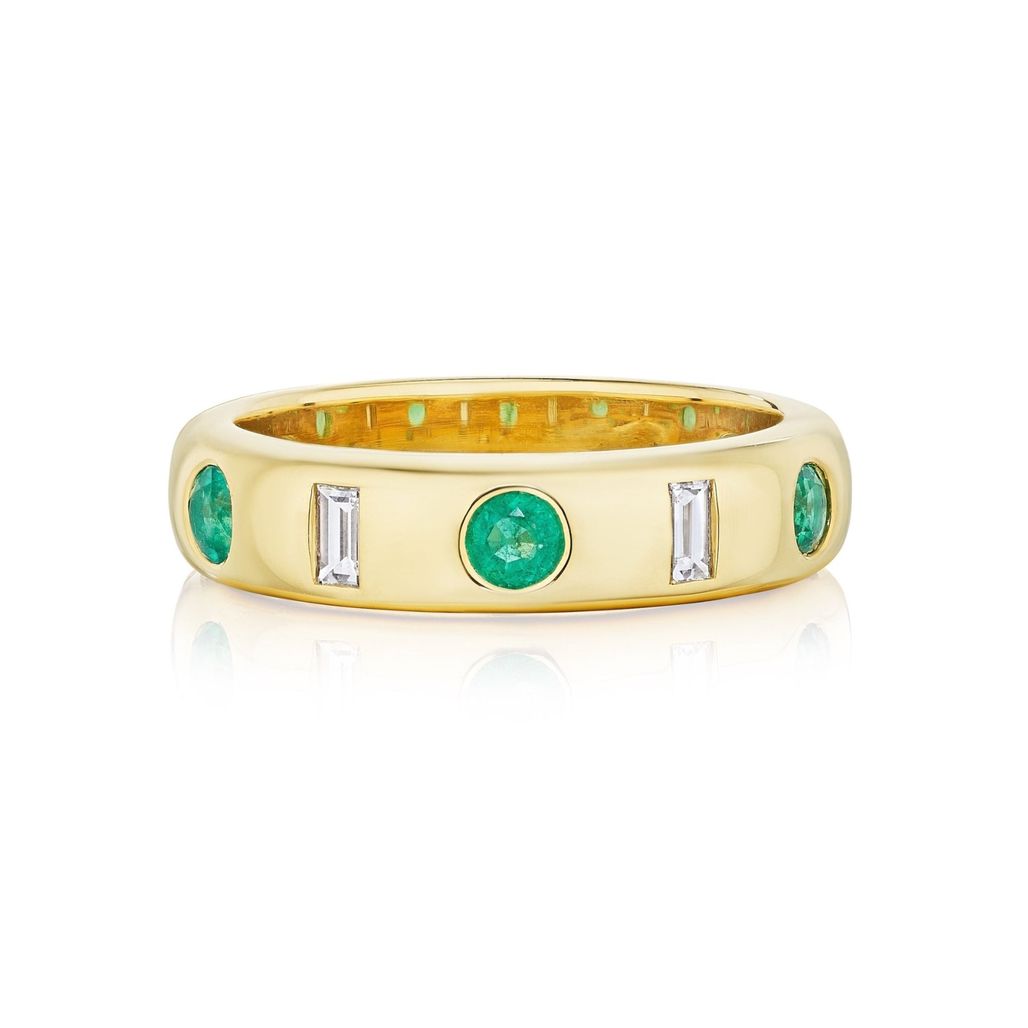 Burnish Set Baguette Diamond and Round Emerald Band in Yellow Gold, featuring alternating round emeralds and rectangular baguette diamonds on a yellow gold band, displayed on a white background.
