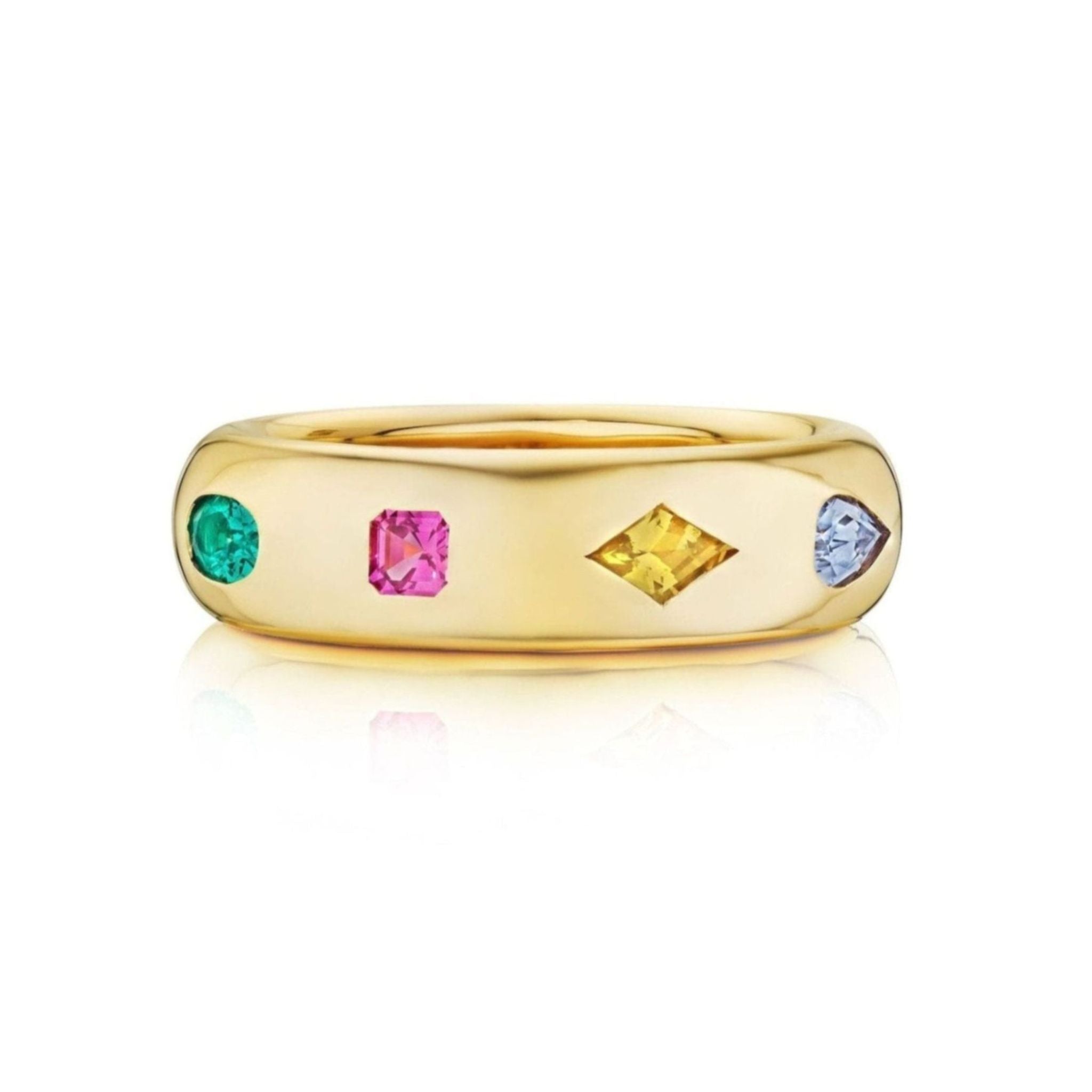 The Chroma Stackable Dome Ring, handcrafted in 18k yellow gold, features burnish-set sapphires and emeralds in mixed shapes and vibrant green, pink, yellow, and light blue hues. The ring is showcased on a white background.