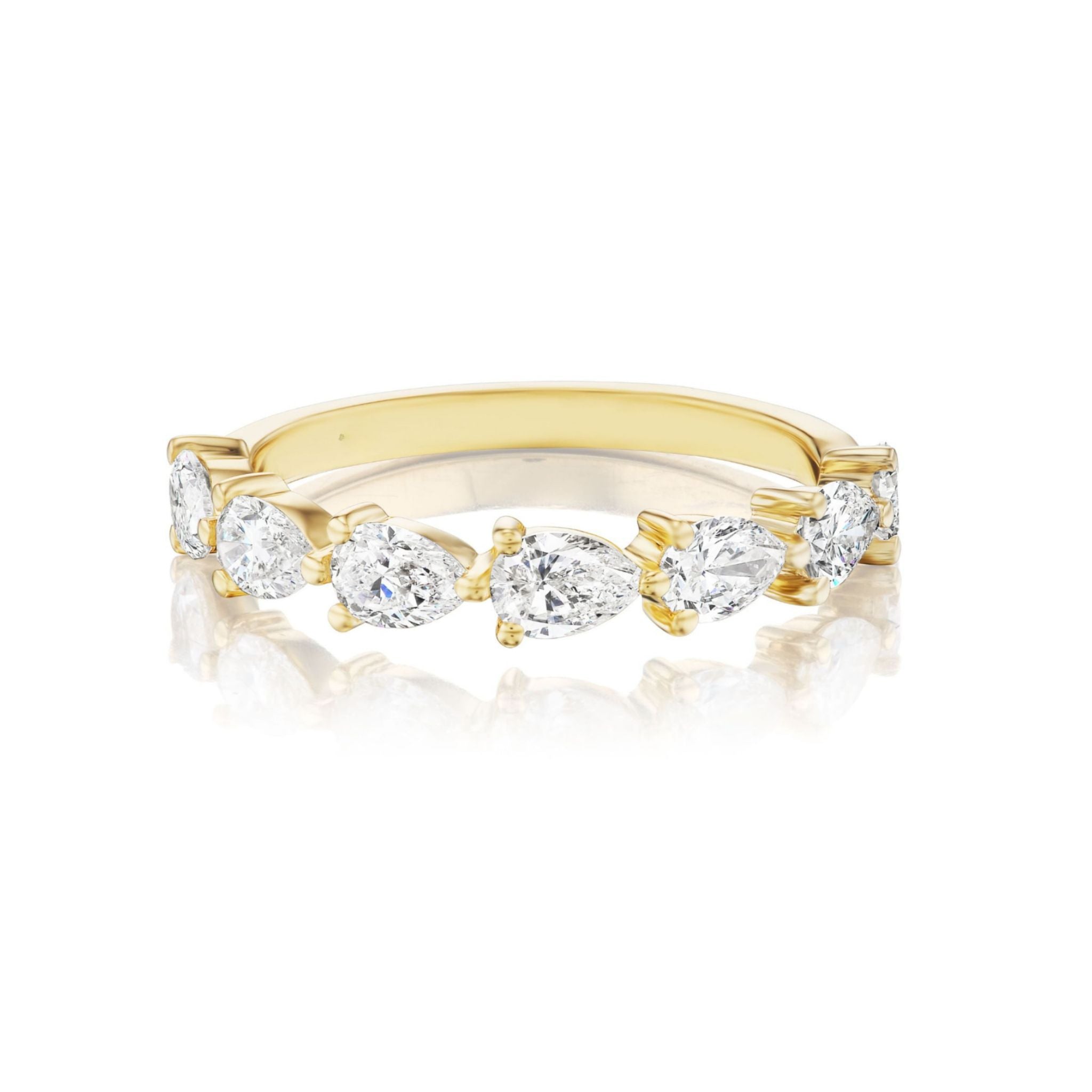Introducing the Chasing Pears Diamond Half Eternity Band—a stunning gold ring adorned with seven exquisite pear-shaped diamonds set in a row across the top, each diamond securely held by yellow gold prongs. Perfect as one of our celebration rings or for those seeking unique bridal rings, this elegant band is beautifully showcased on a white reflective surface.