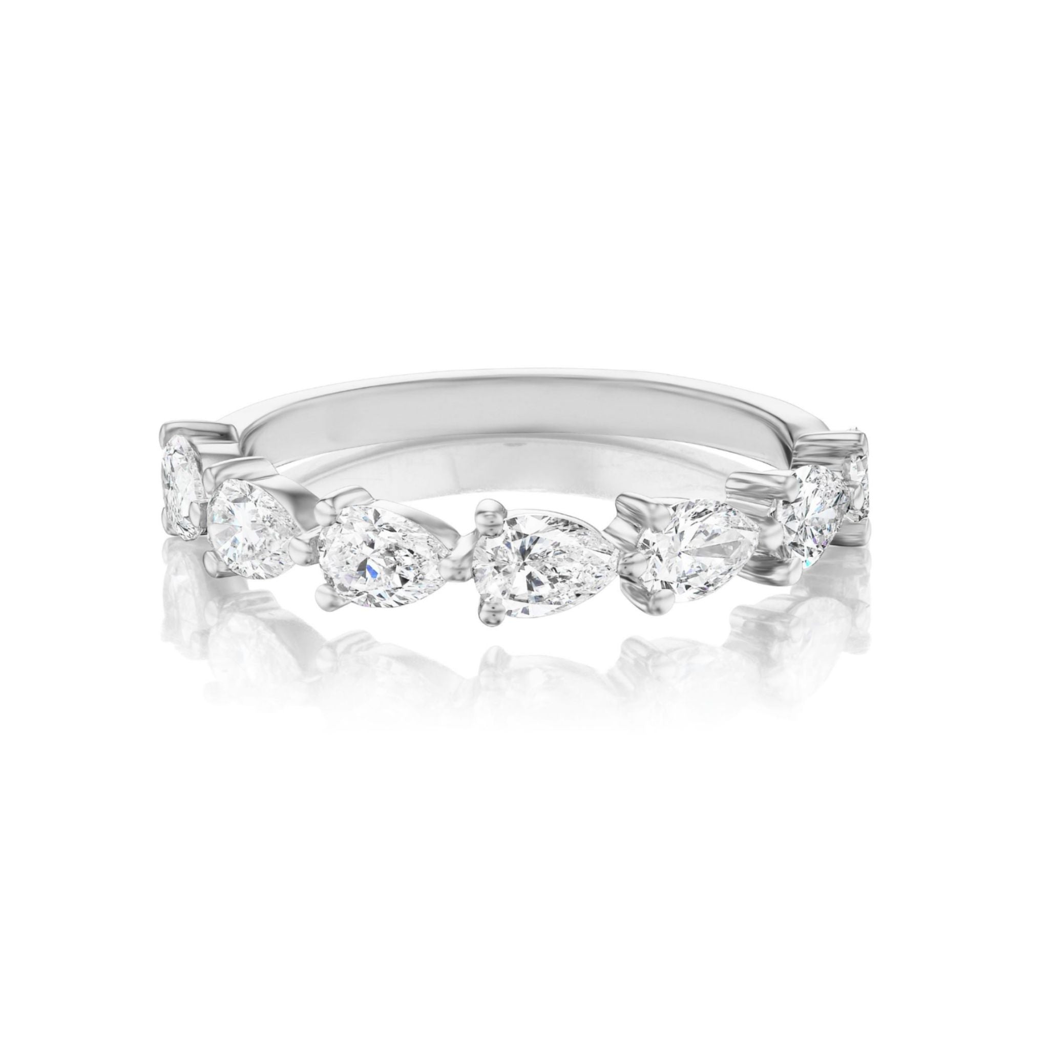 The Chasing Pears Diamond Half Eternity Band features a row of seven pear-shaped diamonds set in white gold, beautifully displayed against a white background with a subtle reflection—an exquisite choice for celebration or bridal rings.